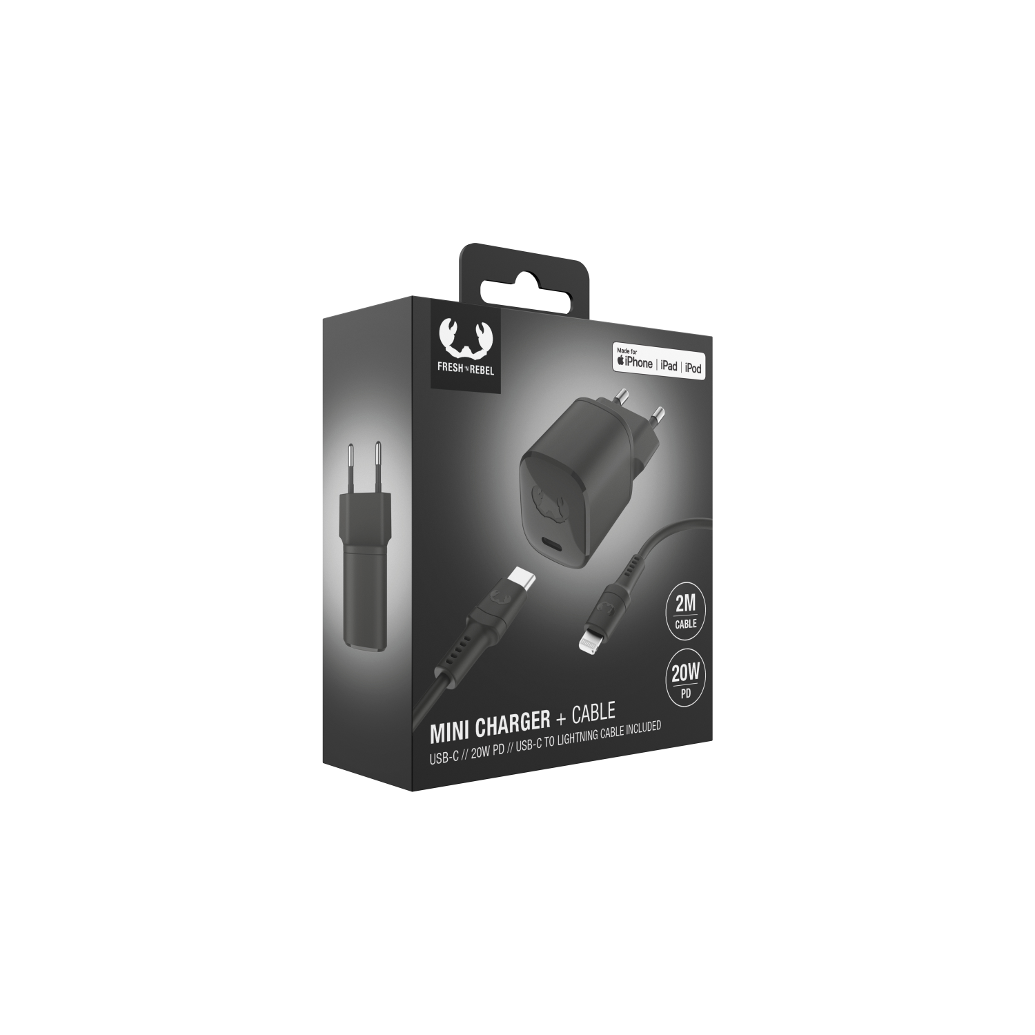 Black mini charger box with charger and cable. Text: Mini charger, USB-C to Lightning cable included.