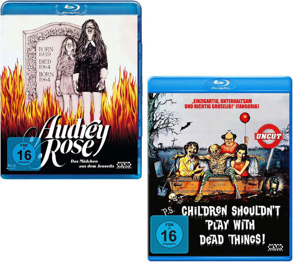 Zwei Blu-ray-Hüllen, eine mit einer Frau auf dem Cover, die andere mit Skeletten. Beide haben FSK 16 Logos.