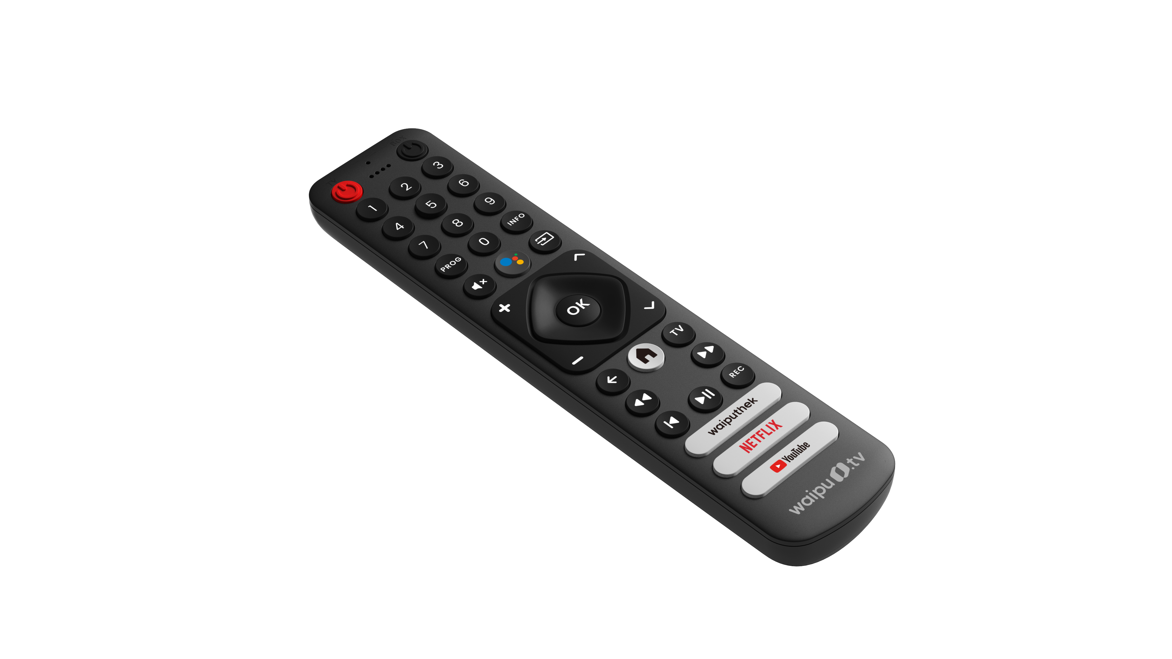 Eine schwarze Fernbedienung mit mehreren Tasten, einschließlich Netflix- und YouTube-Logos.