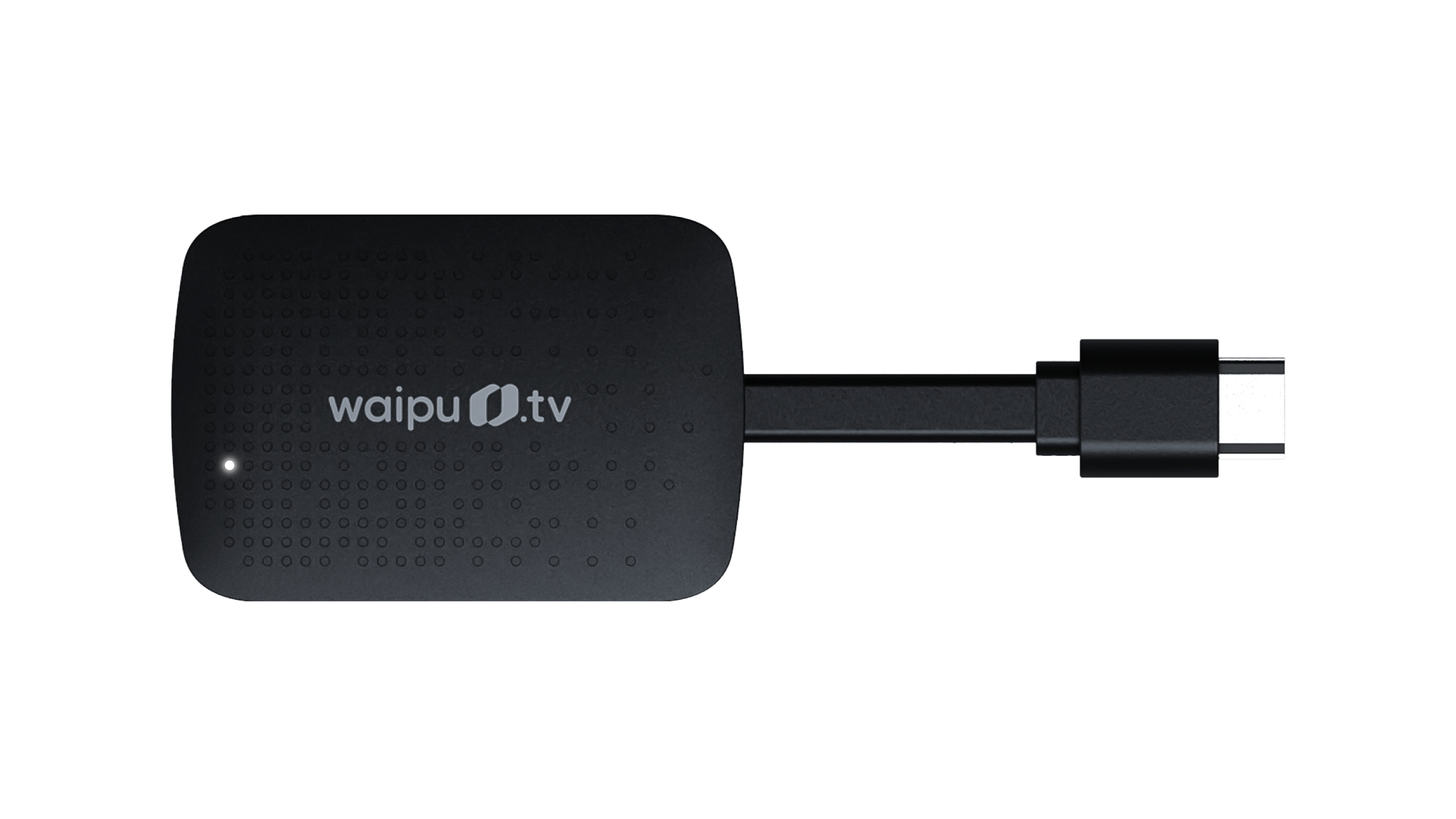 Schwarzes waipu.tv Streaming-Gerät mit USB-C-Anschluss.