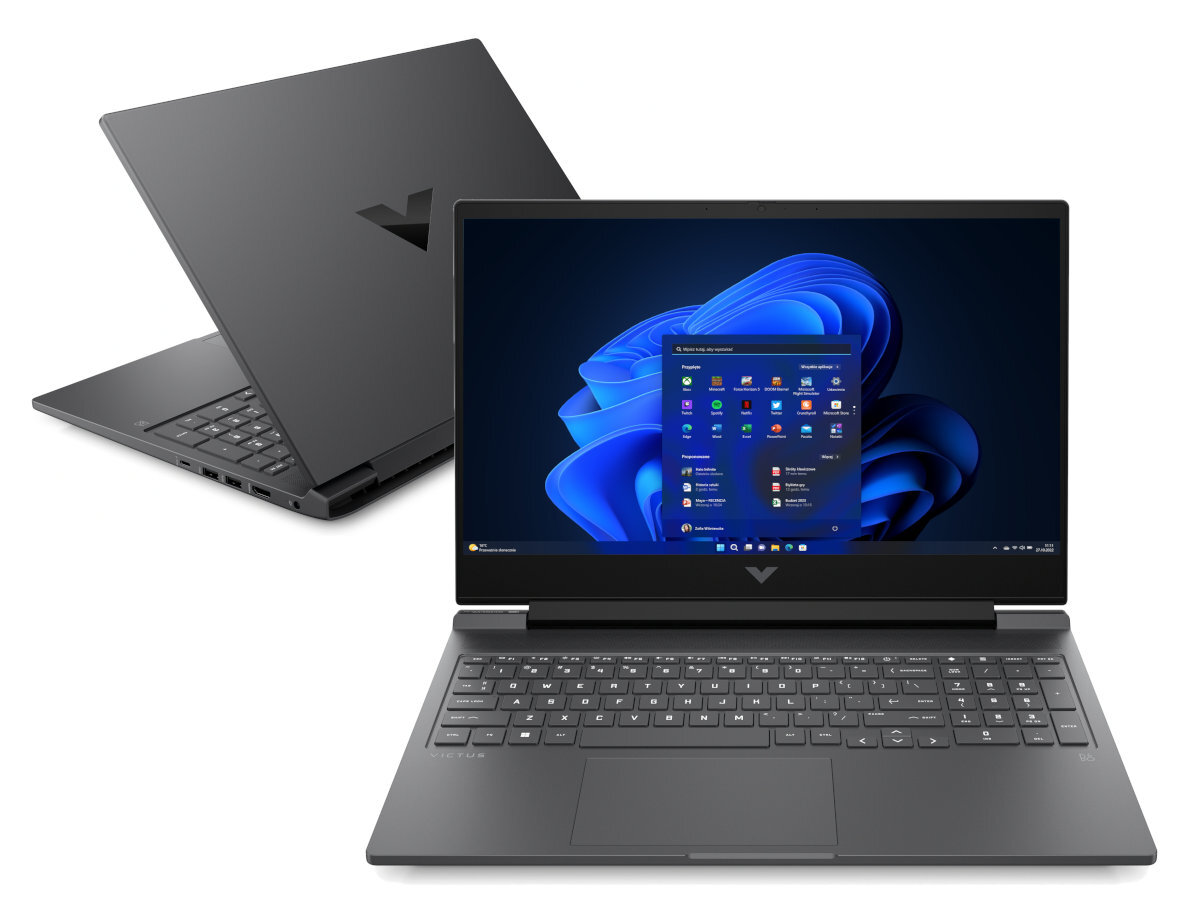 Dwa laptopy. Jeden otwarty z interfejsem Windows 11. Drugi zamknięty, pokazujący tył.