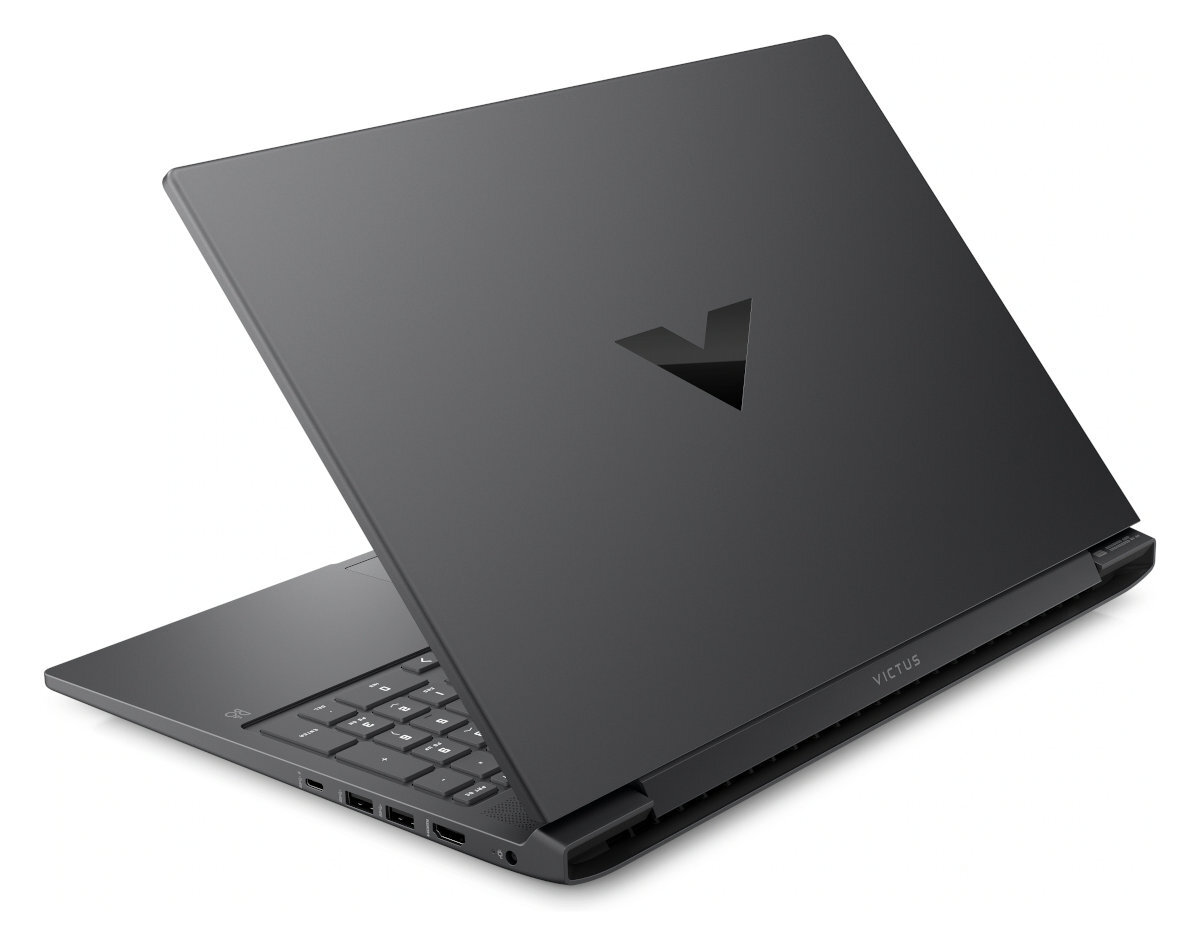 Czarny laptop z otwartą pokrywą i logo z tyłu.