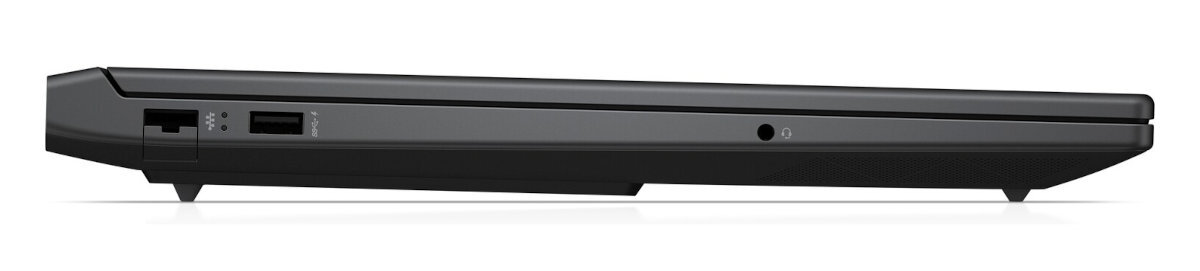 Czarny laptop, widok z boku. Widoczne porty i gniazdo słuchawkowe.