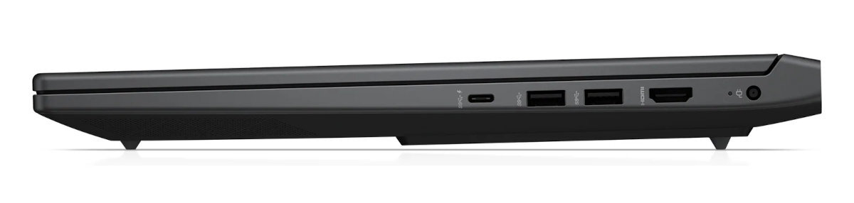 Widok z boku czarnego laptopa z portami: USB, HDMI i portem ładowania.