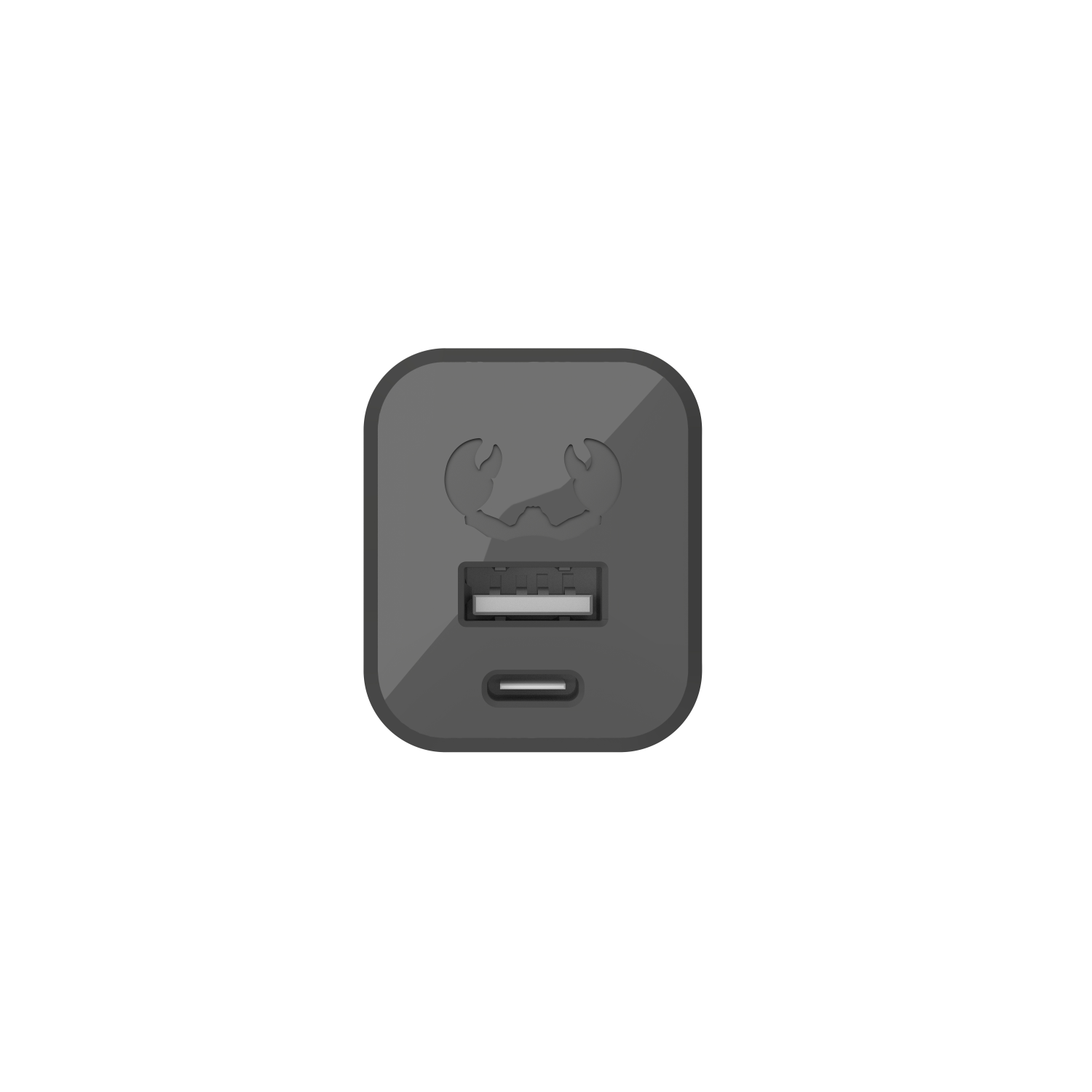 Dark gray charger with a crab logo, with USB and USB-C ports. Black background.