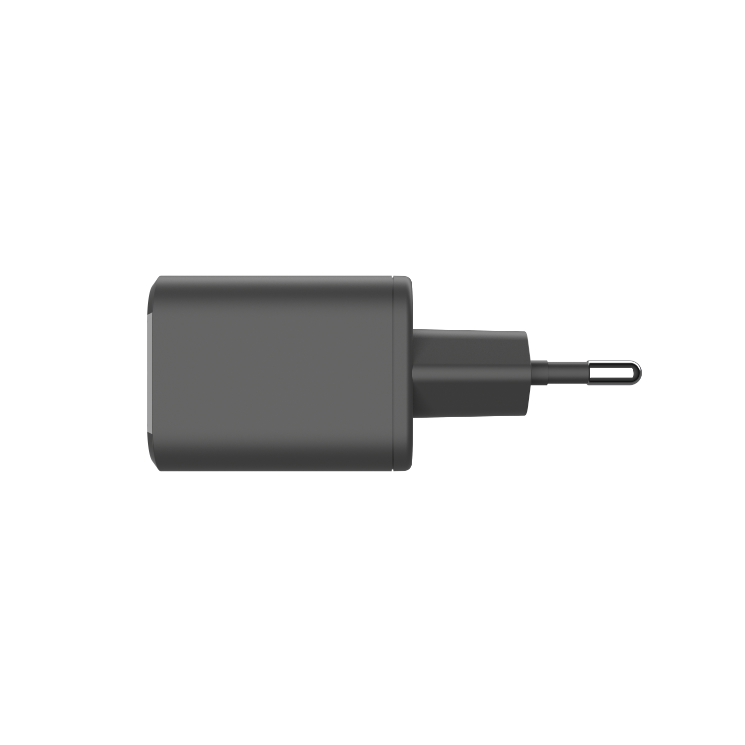 Black charger with a European plug. It has a small, rectangular body.