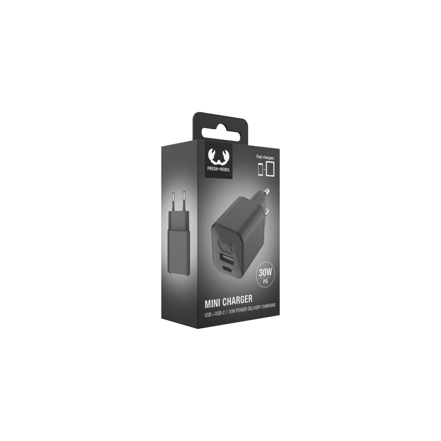 Black charger box with a black charger and the text "MINI CHARGER 30W PD".