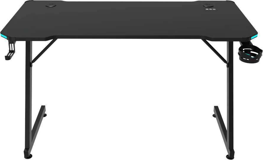 Black gaming desk with blue accents, a cup holder, and a headphone holder on a white background.