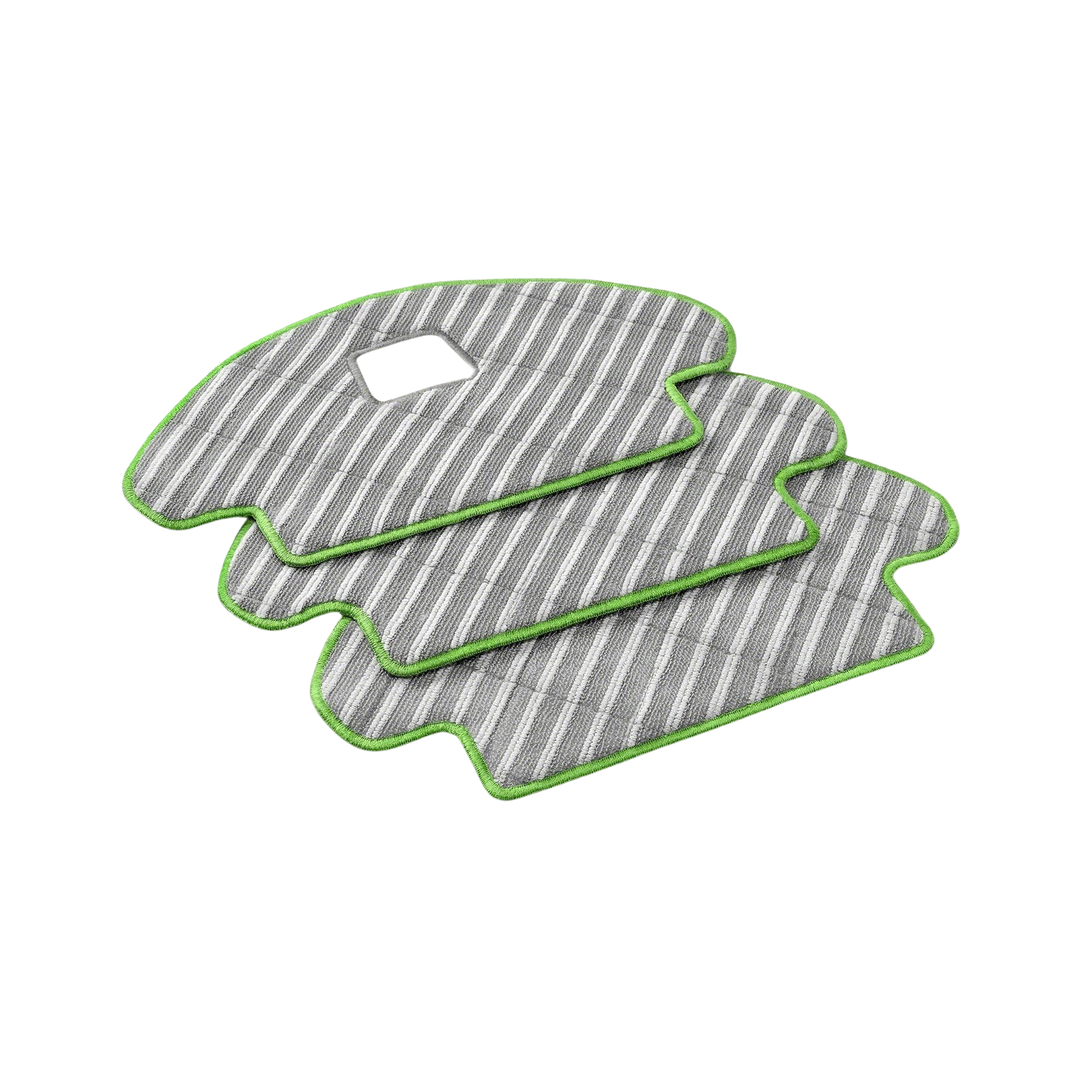 Drie grijs-witte gestreepte robotstofzuigerpads met groene randen.