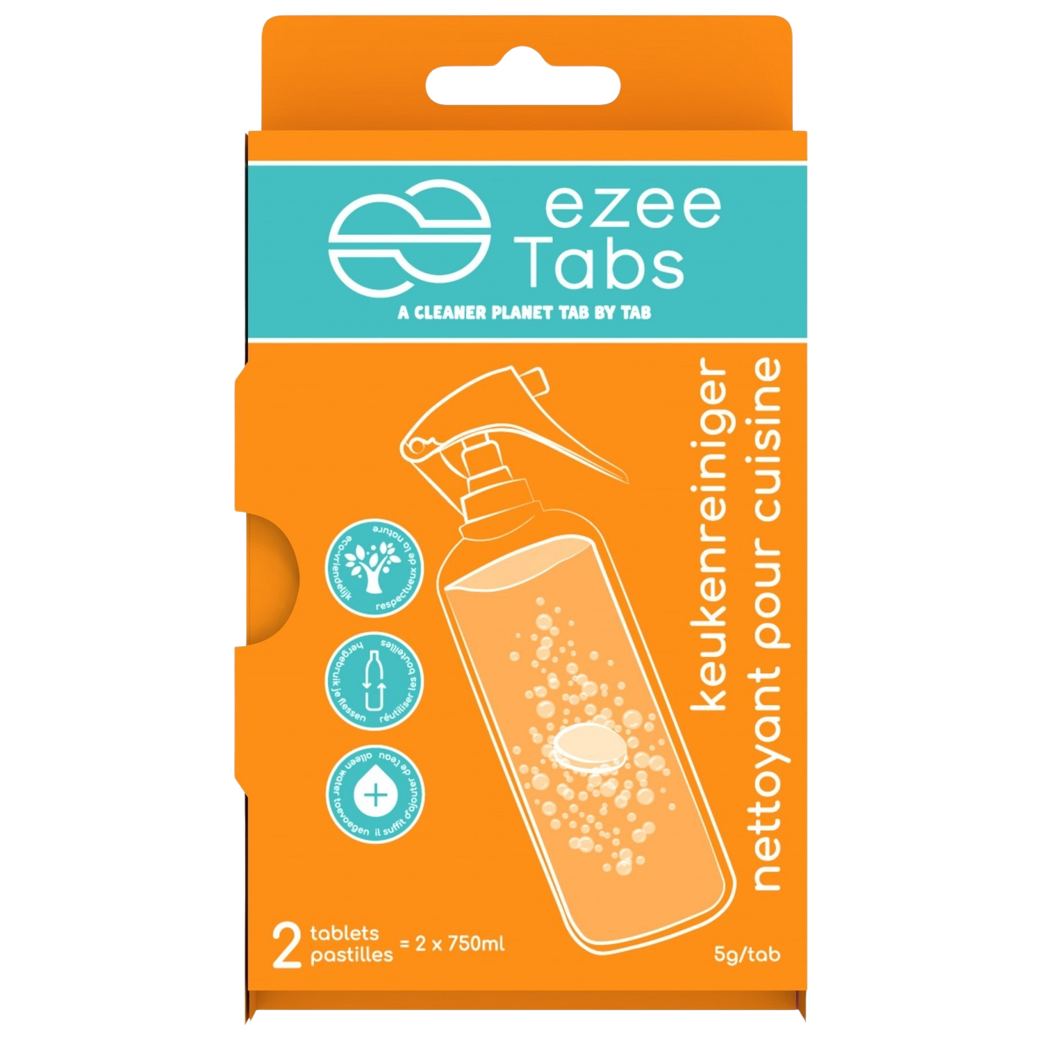 Boîte de tablettes de nettoyage "ezee Tabs". Contient une image de vaporisateur et du texte en néerlandais.