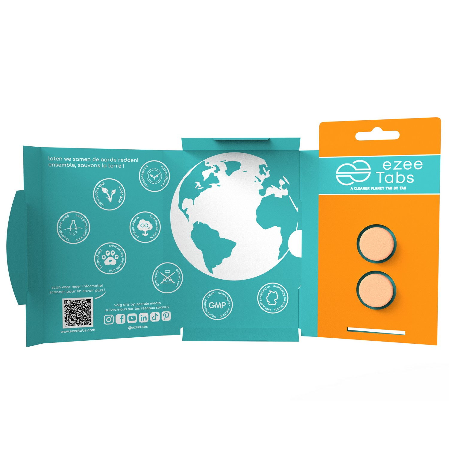 Paquet ouvert avec deux pastilles de nettoyage. L'emballage contient des images et du texte respectueux de l'environnement.