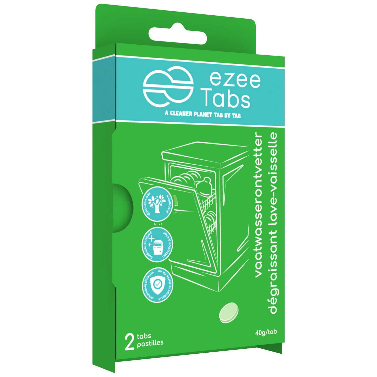 Green and white box of ezee Tabs dishwasher detergent, showing a dishwasher.