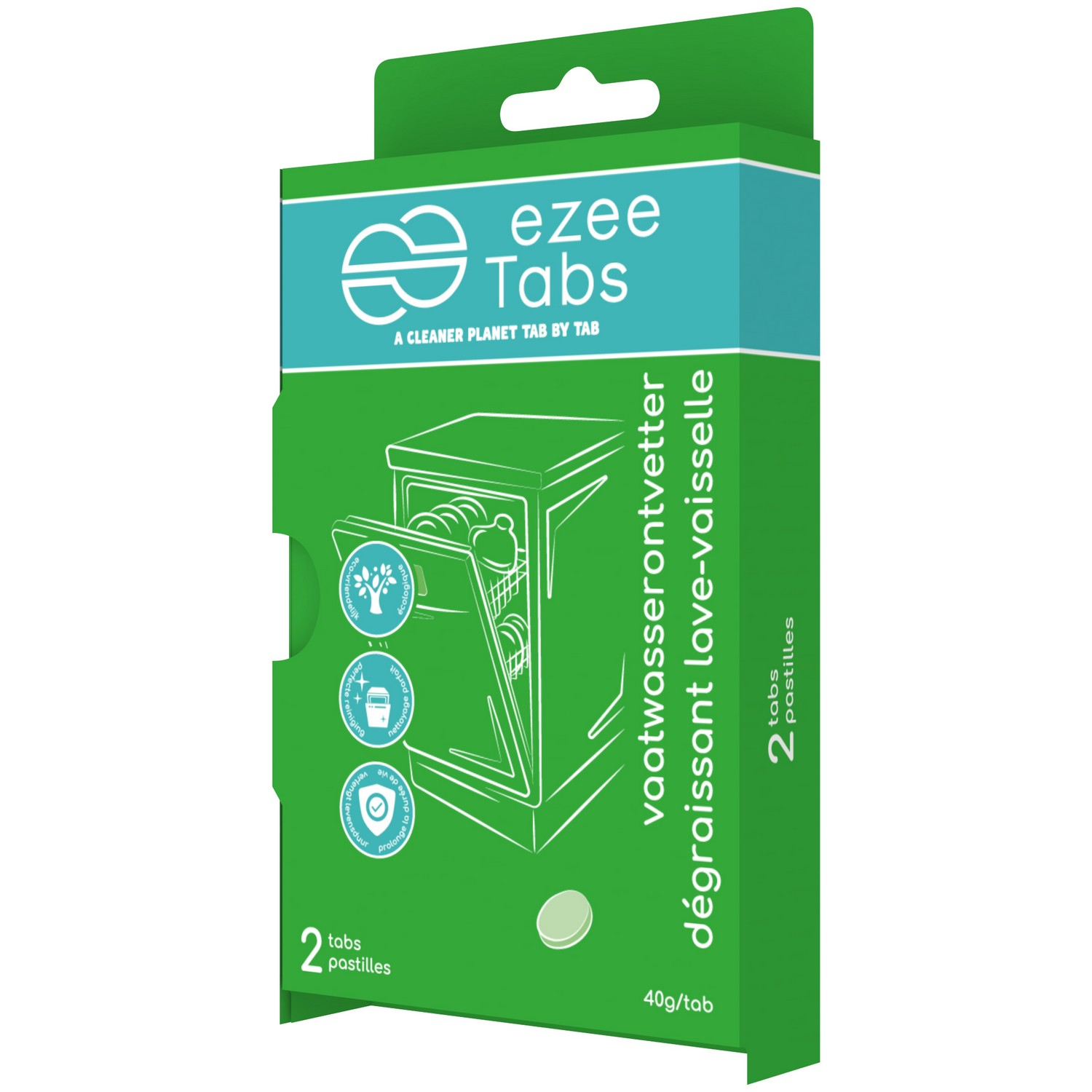 A box of dishwasher detergent tablets. The box is green and white, with the product name.