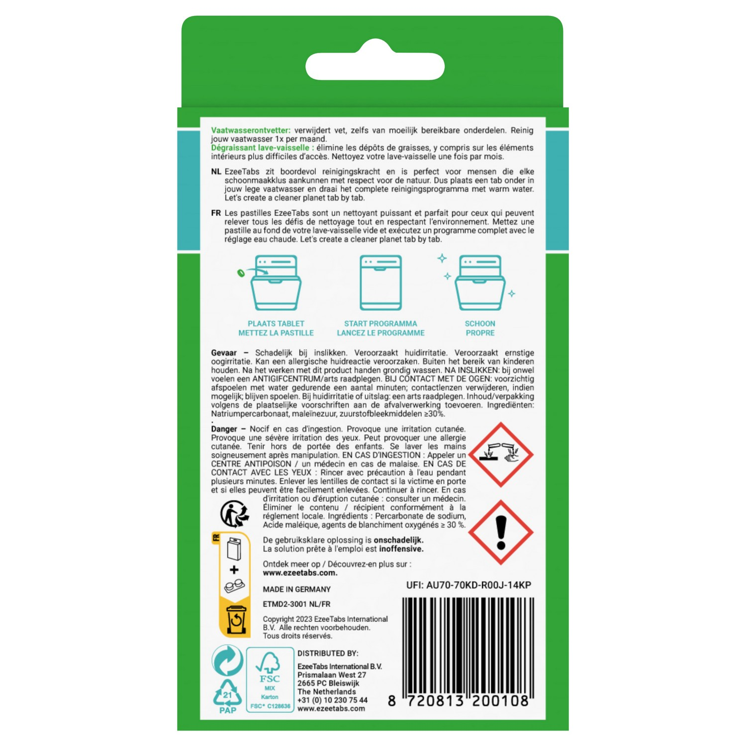 Back of a product with text in multiple languages about cleaning tablets and safety warnings.