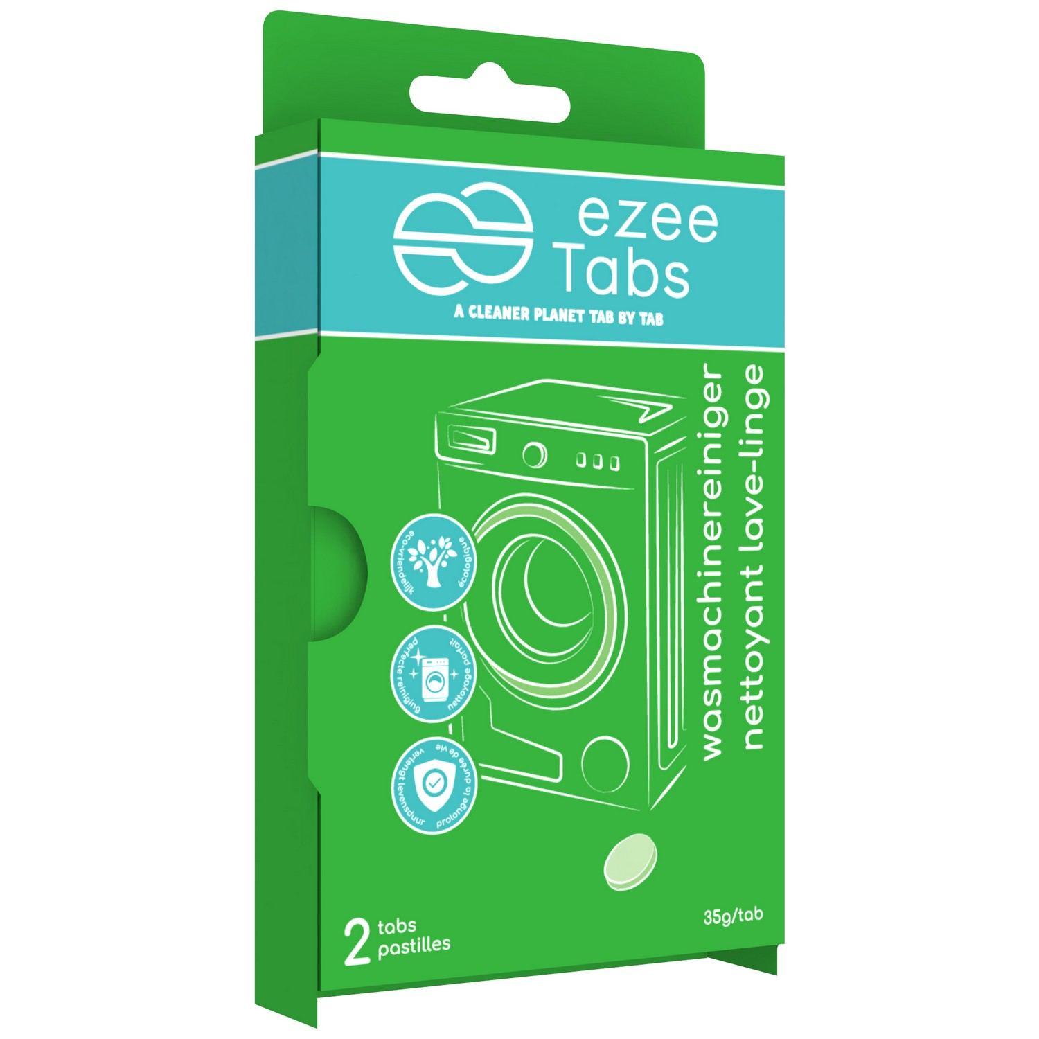 Boîte verte de pastilles de détergent à lessive avec illustration de machine à laver et marque 'ezee Tabs'.