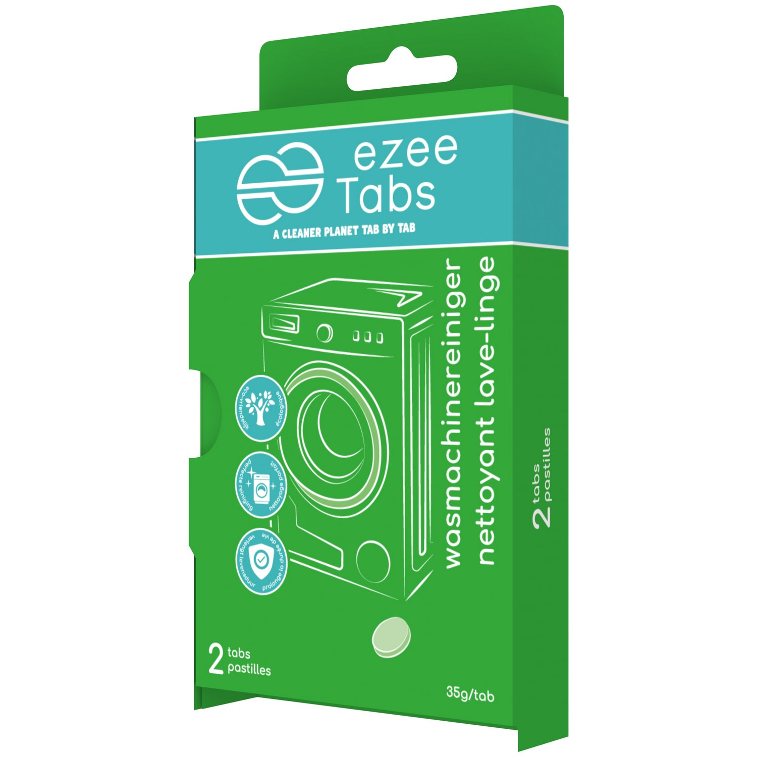 Une boîte d'ezee Tabs pour machines à laver, avec un graphique d'une machine à laver dessus.