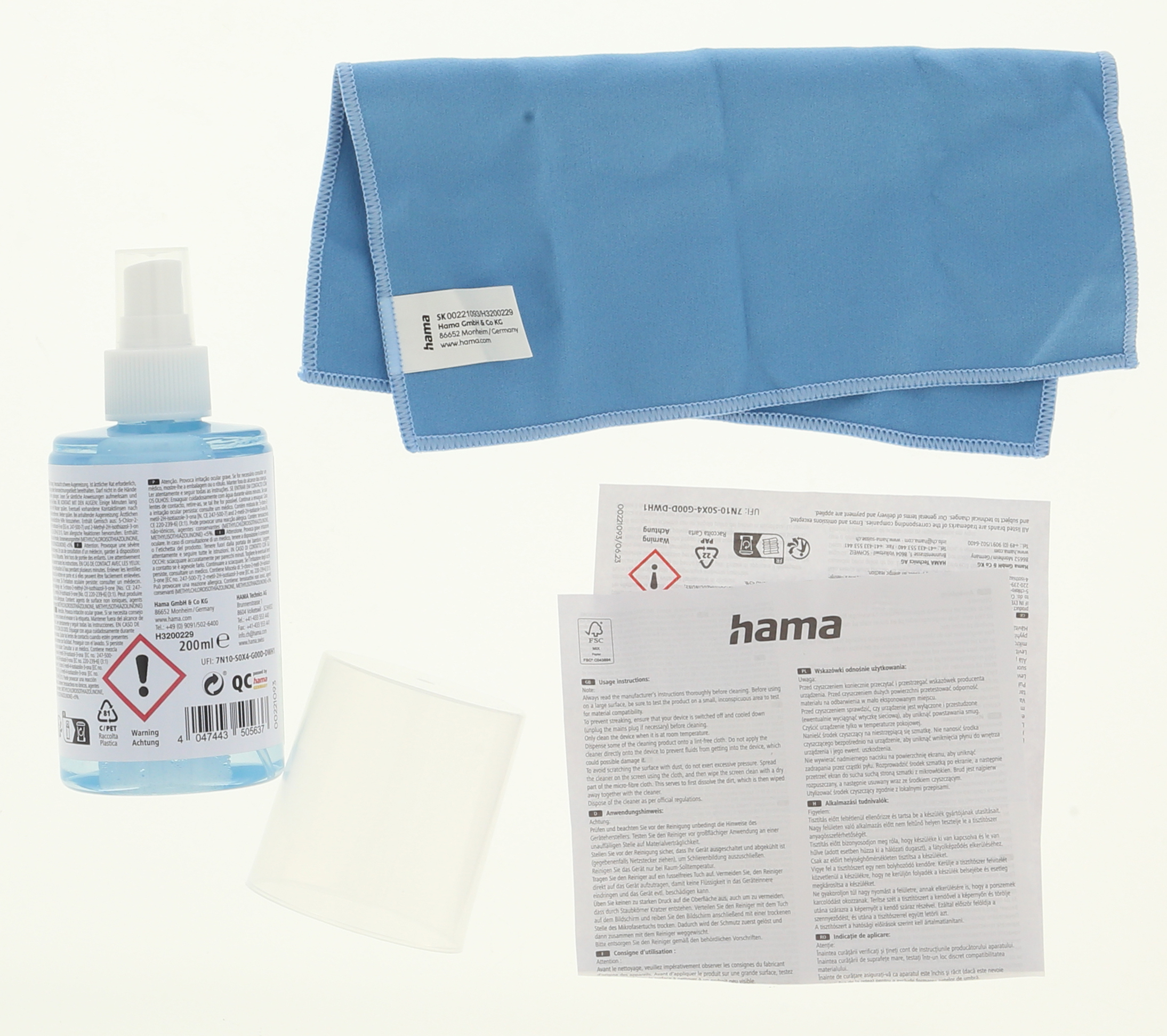 Un flacon pulvérisateur, un chiffon bleu, une feuille de plastique et des instructions.