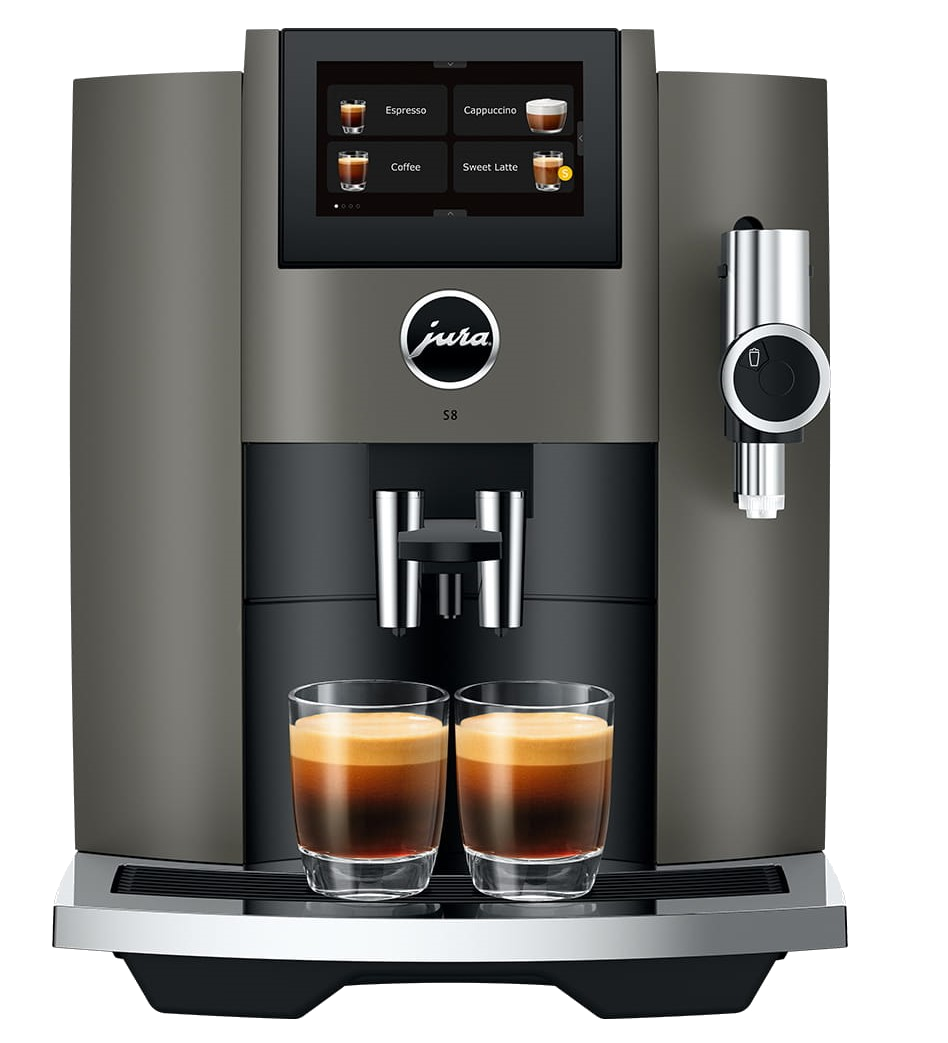 Eine graue Jura S8 Kaffeemaschine mit Touchscreen, zwei Espressogläsern und darauf angezeigten Getränkeoptionen.