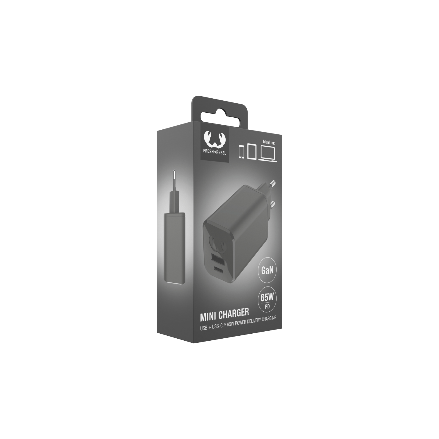 A charger box with the label 'Fresh Rebel', a mini charger, and a USB-C port. White background.