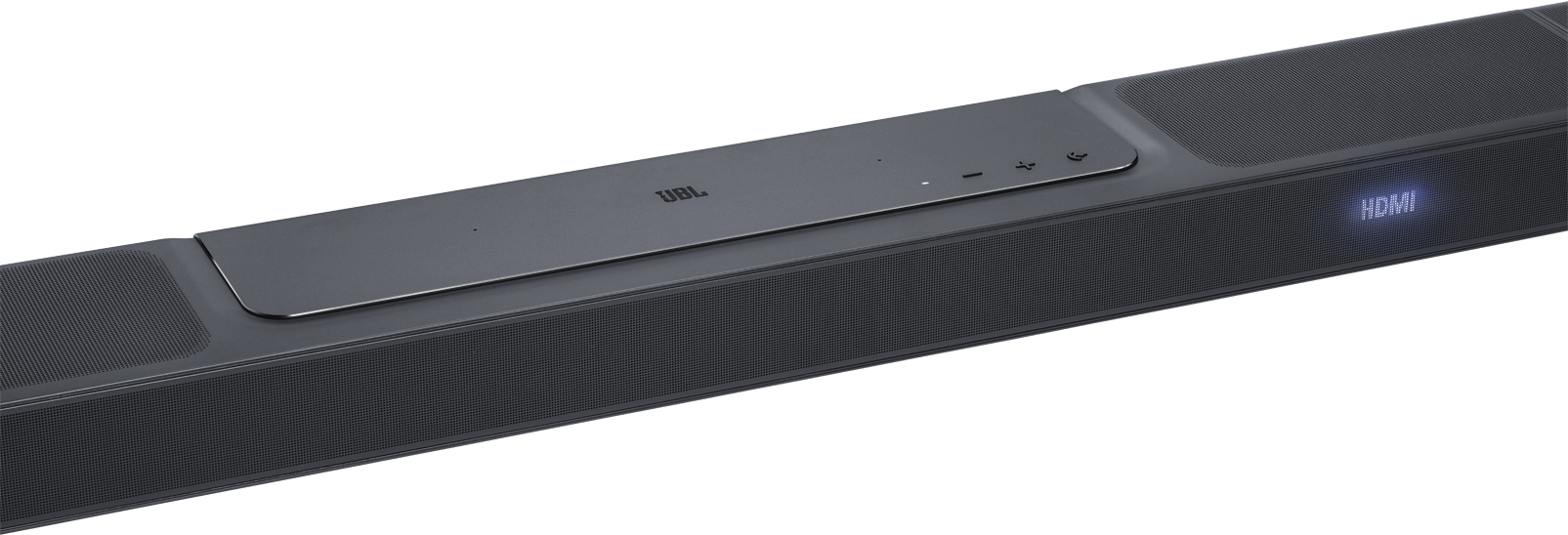 Barre de son JBL noire avec panneau de contrôle sur le dessus et étiquette HDMI.