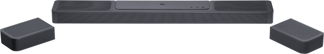 Barre de son JBL avec deux enceintes séparées, le tout sur fond noir.