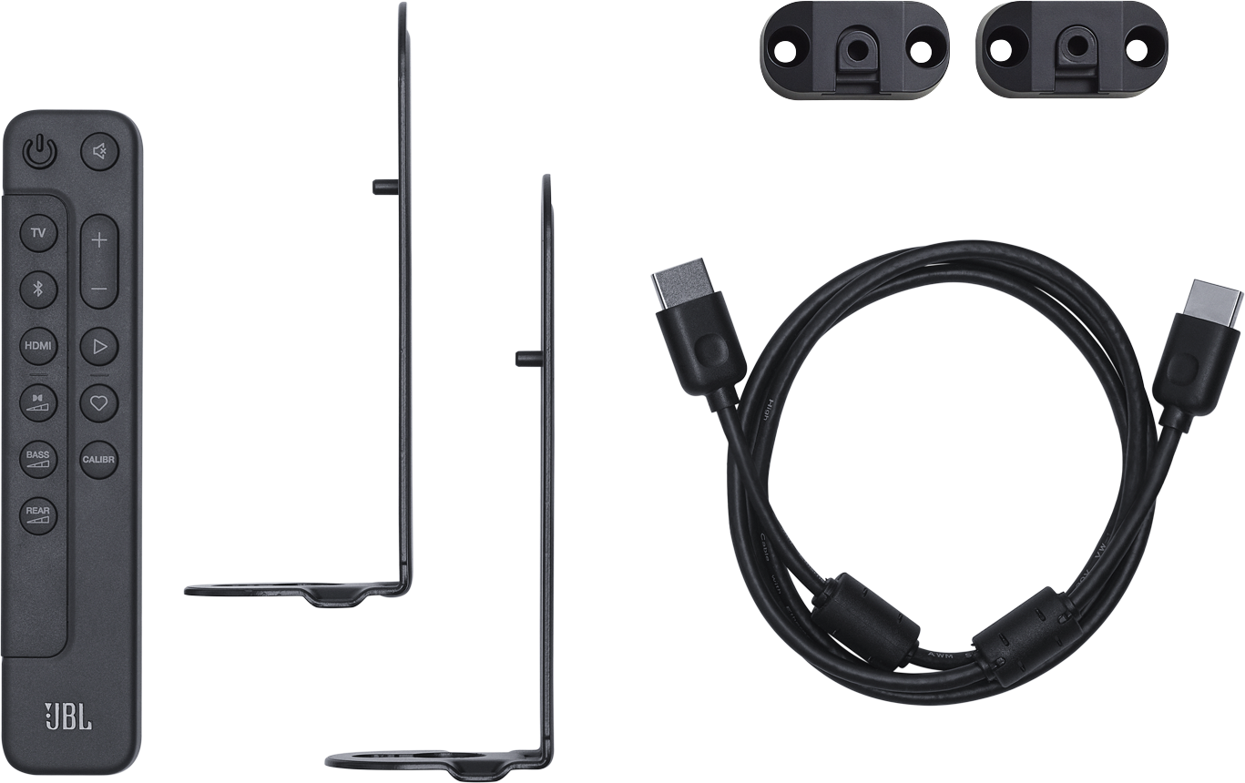Accessoires de barre de son JBL : télécommande, supports, câble.