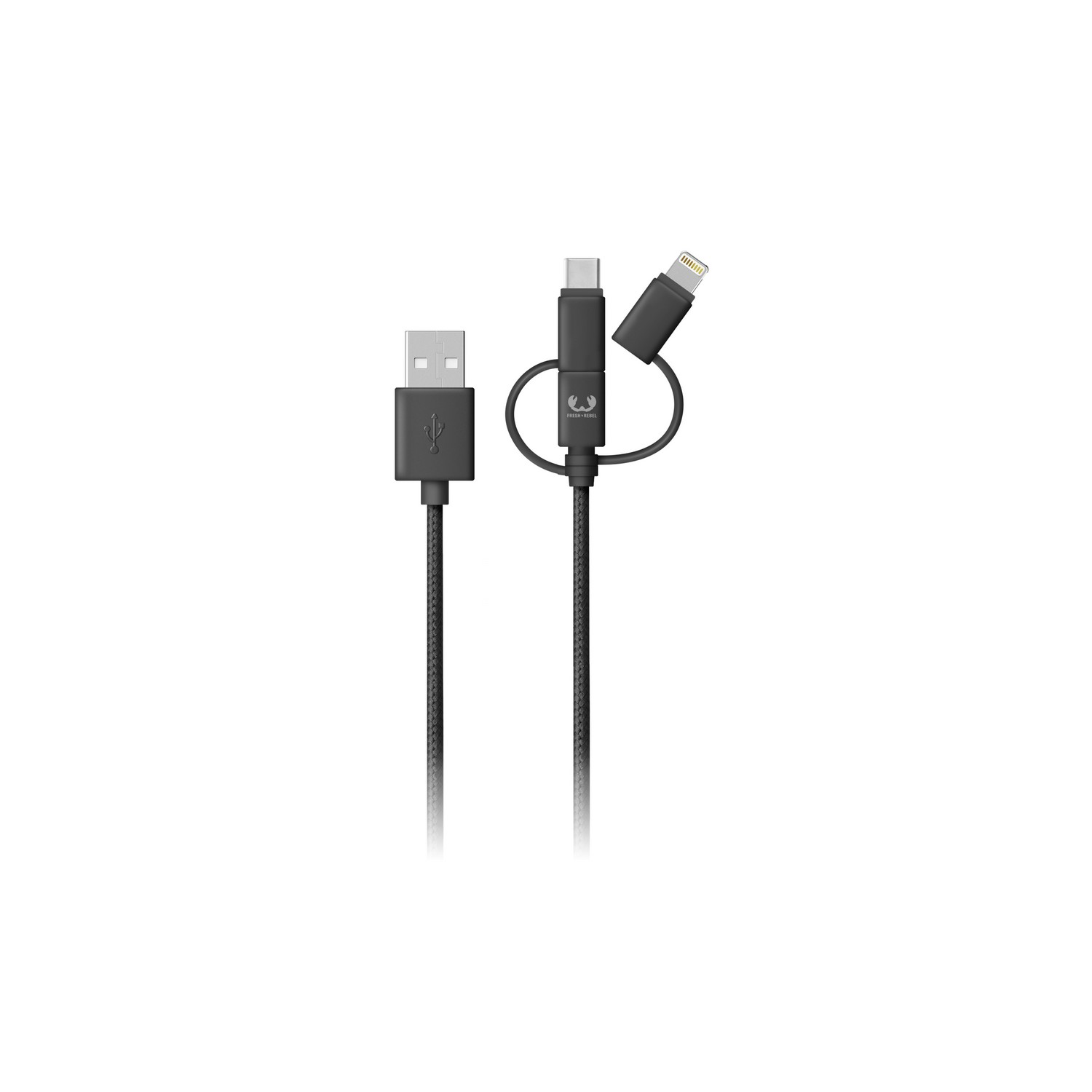 Black charging cable with USB and multiple connectors.
