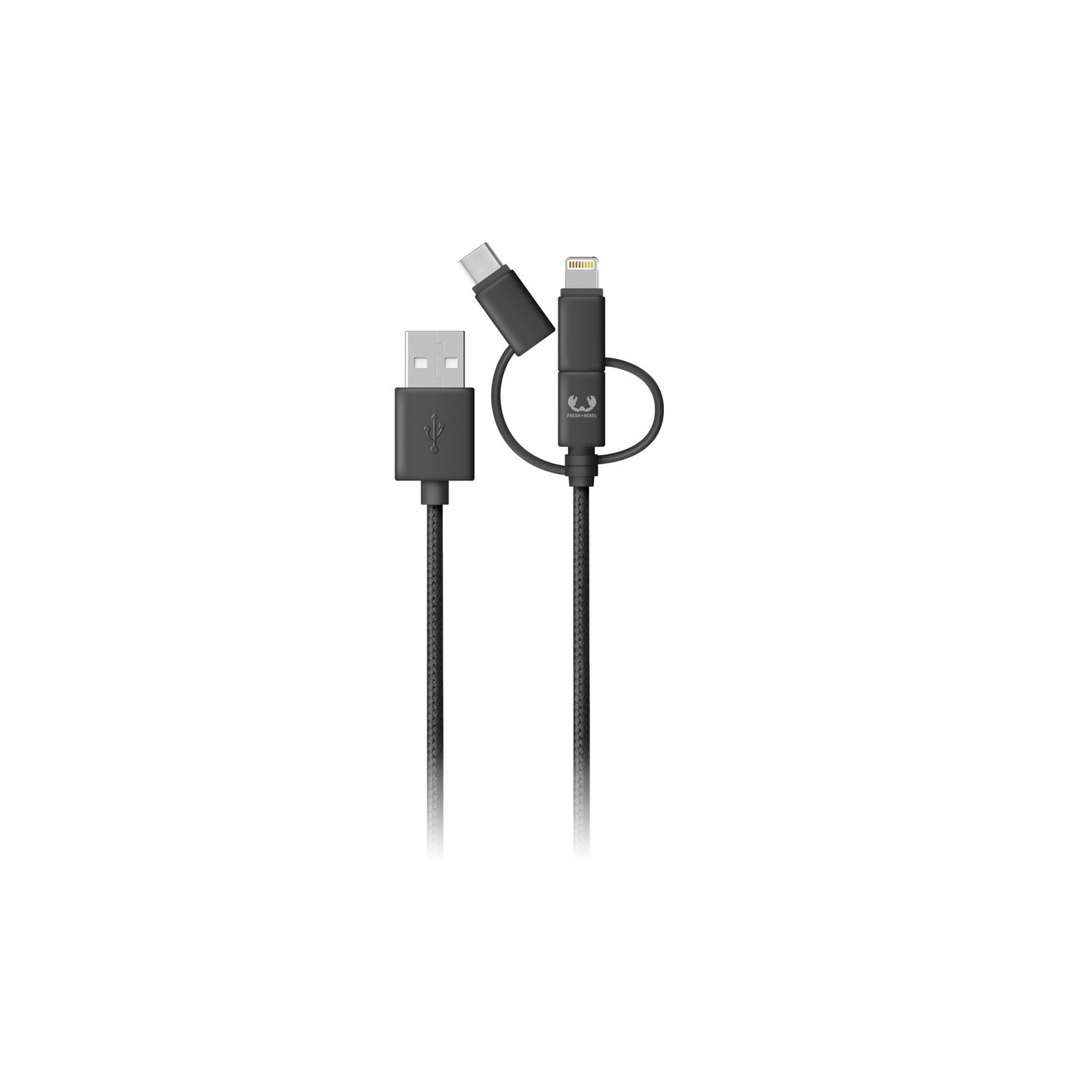 A charging cable with multiple connectors: USB, USB-C, and Lightning.