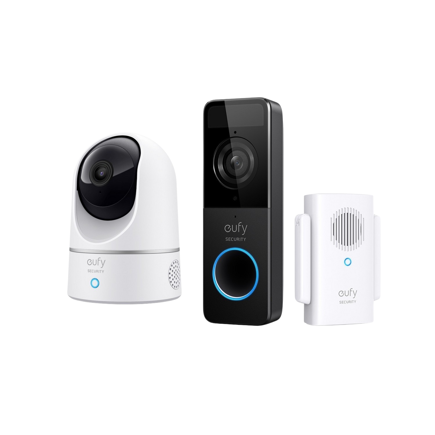 Wit en zwart beveiligingssysteem. Een camera, een deurbel en een klein basisstation, alles op zwart.