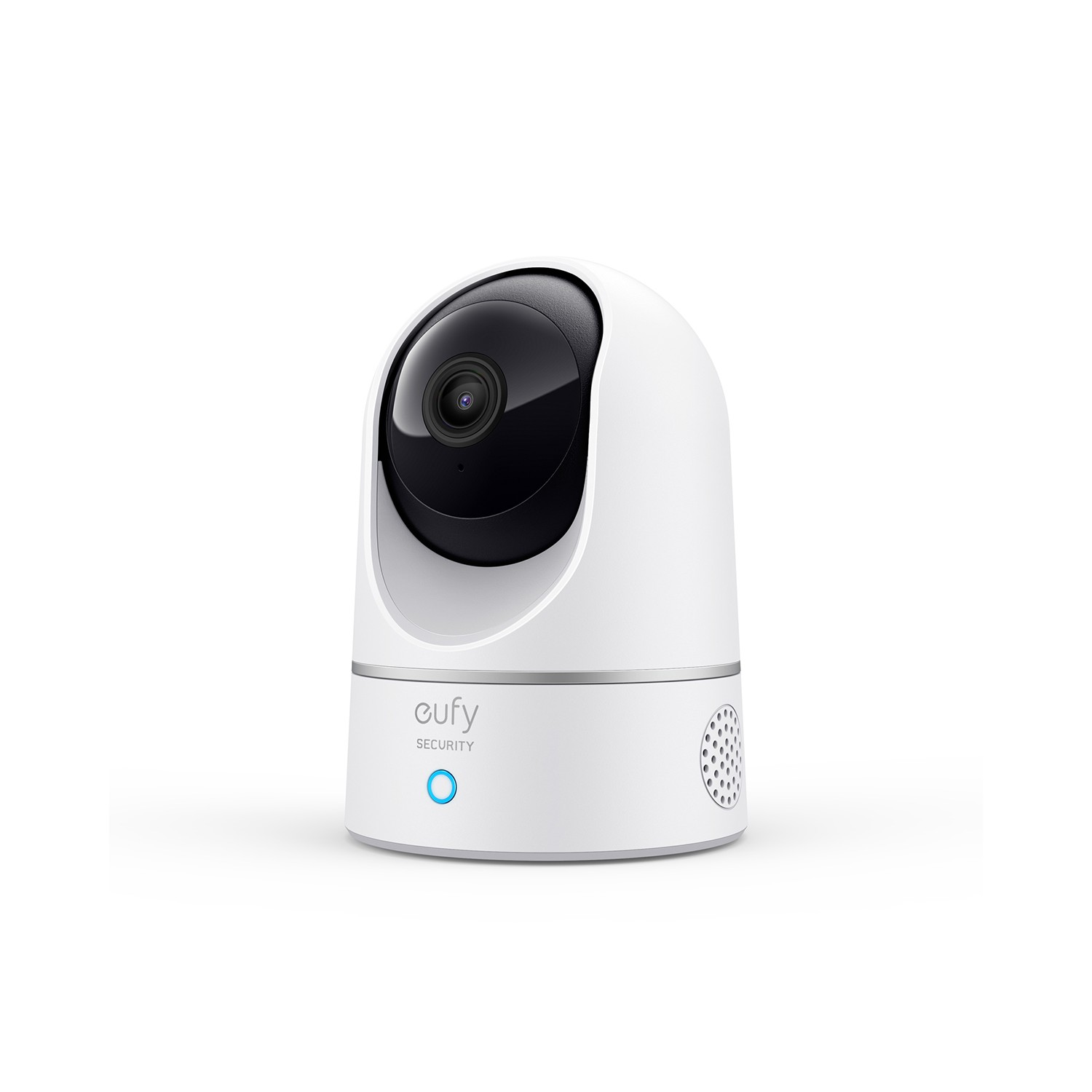 Witte eufy beveiligingscamera, koepelvormig, met een zwarte lens, op een witte achtergrond.