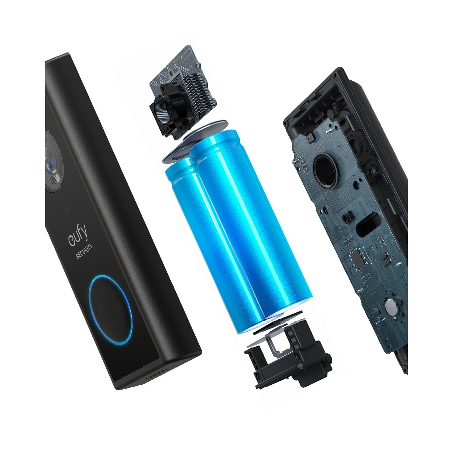 Vue éclatée d'une sonnette, montrant les composants internes et une batterie bleue.