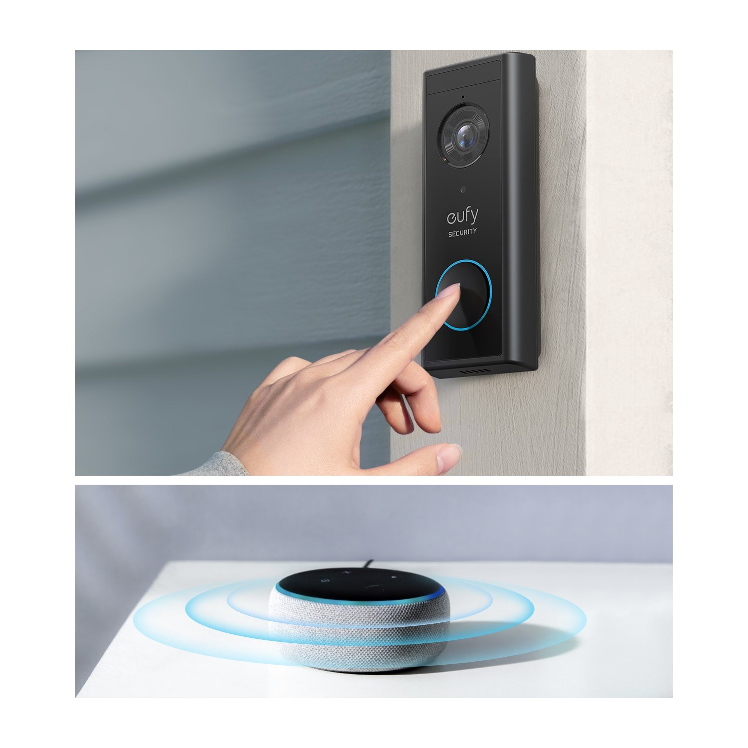 La main appuie sur la sonnette, une sonnette intelligente avec caméra. Haut-parleur près du mur.
