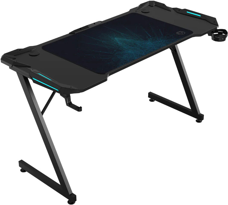 Bureau de jeu noir avec lumières bleues et tapis de souris, avec porte-gobelet.