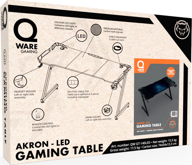 Boîte de table de jeu avec un schéma des caractéristiques de la table, y compris un support de casque, un porte-boisson et des lumières LED.