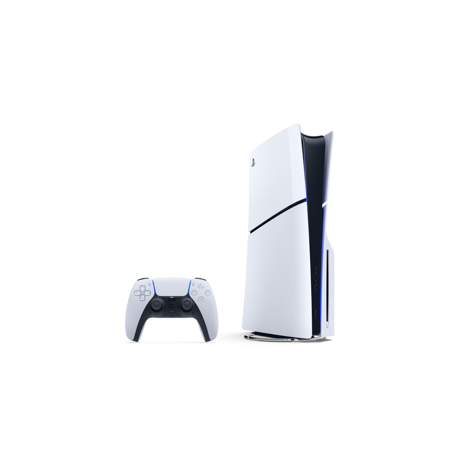Witte PlayStation 5 console en controller tegen een zwarte achtergrond.