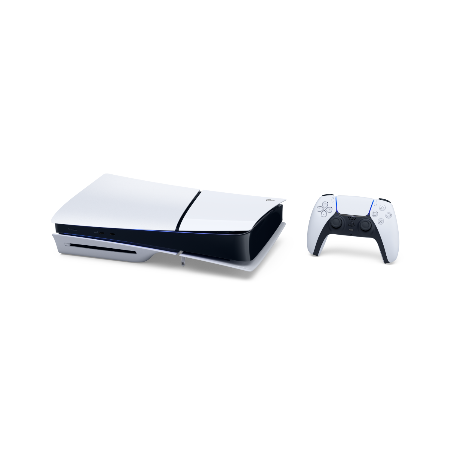 Witte Playstation 5-console en een witte controller. Beide op een zwarte achtergrond.