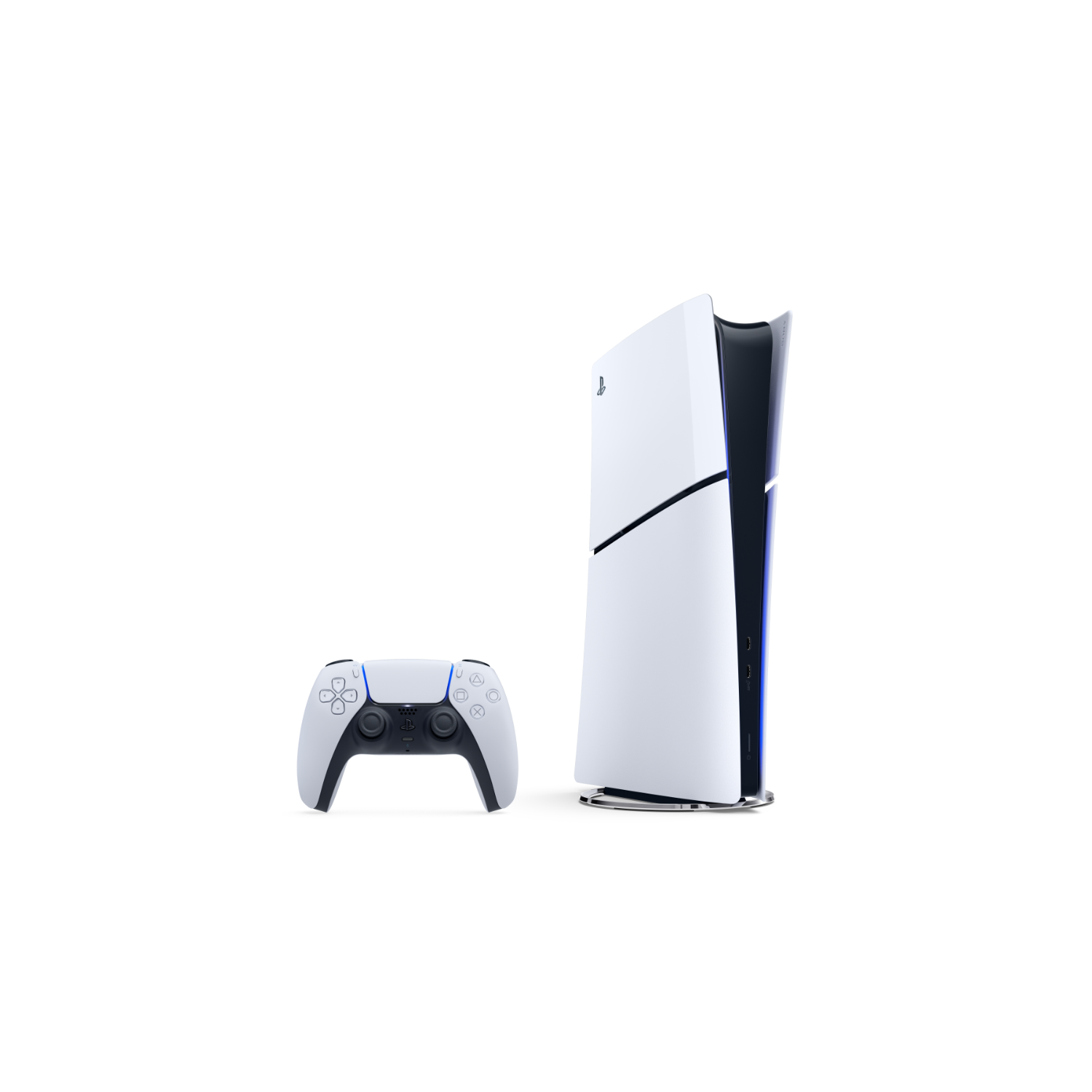Witte PlayStation 5 console en controller op een zwarte achtergrond.