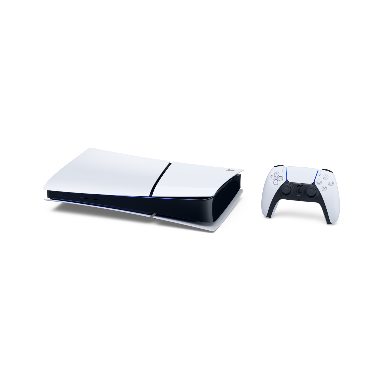 Witte PS5-console en controller op zwarte achtergrond.