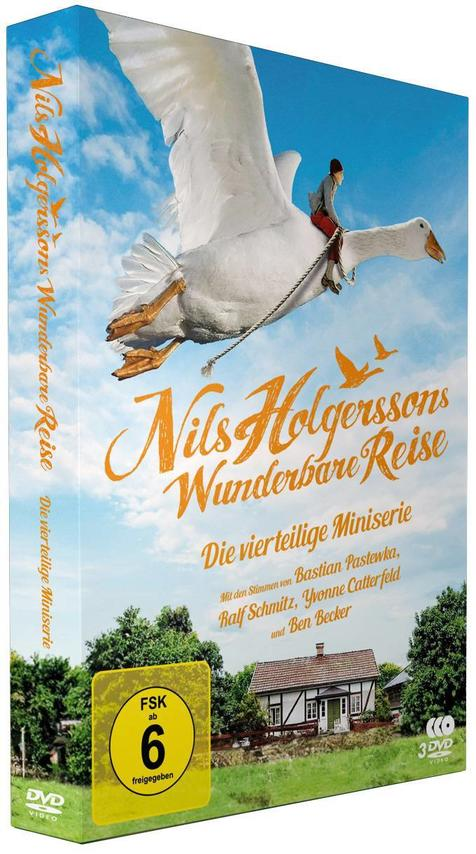 DVD-Box eines Films, mit einer Gans, die einen Jungen trägt, Text auf Deutsch, grüne und blaue Farben.