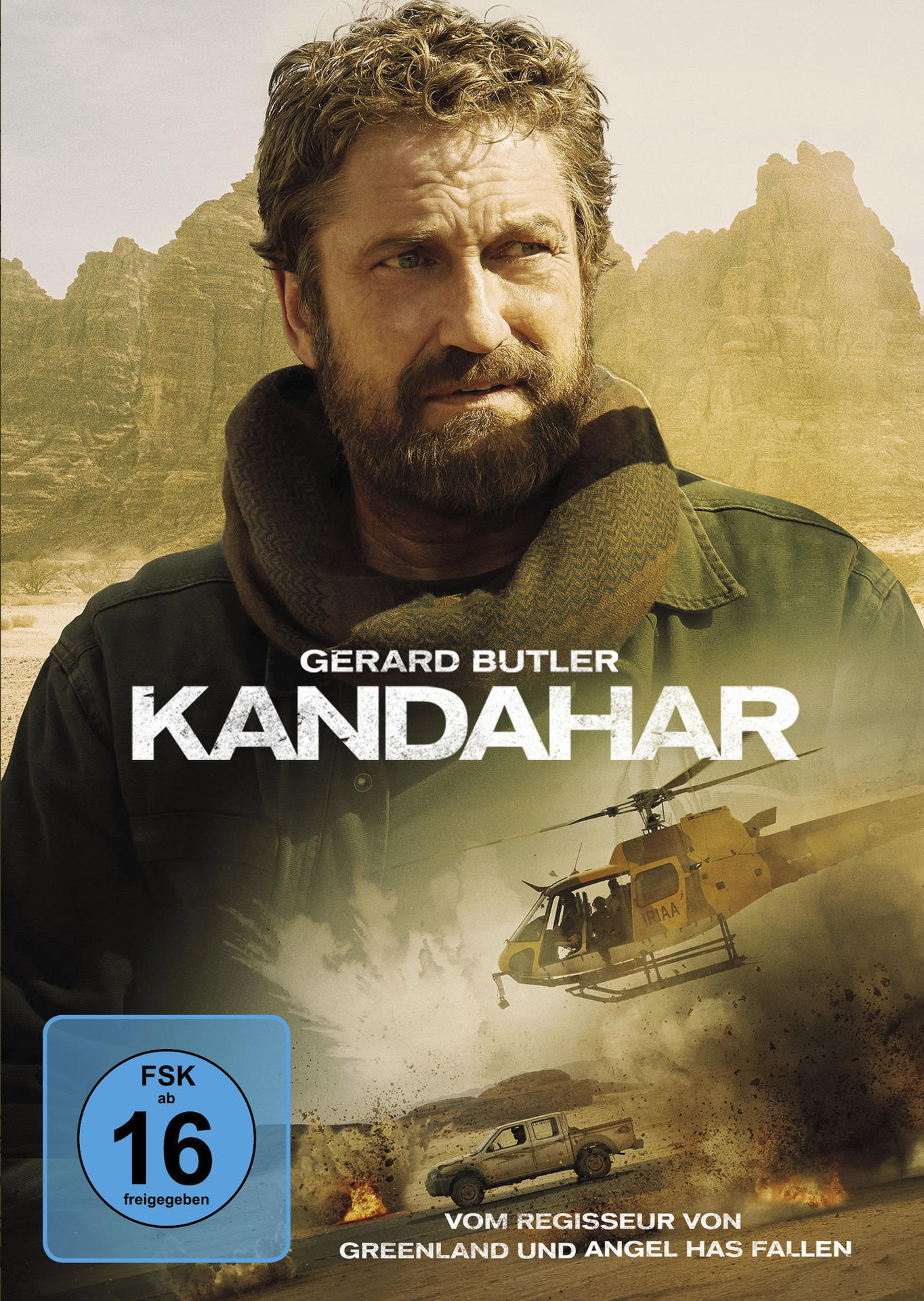 Filmcover von Kandahar. Das Gesicht von Gerard Butler ist sichtbar. Ein Hubschrauber und ein Auto im Hintergrund.