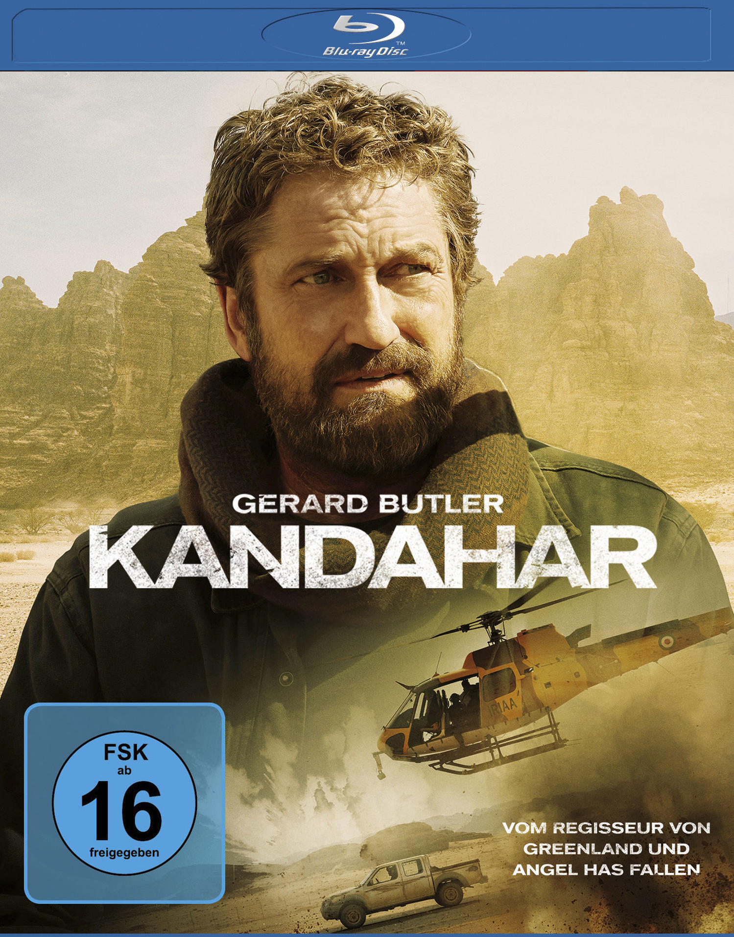 Filmplakat: Gerard Butler in 'Kandahar'. Hubschrauber im Hintergrund, Wüstenlandschaft.