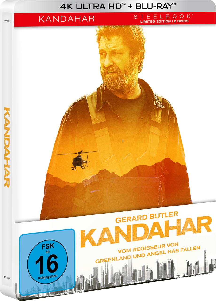 Kandahar-Film-Blu-ray-Cover. Gerard Butlers Gesicht, ein Hubschrauber und eine Skyline.