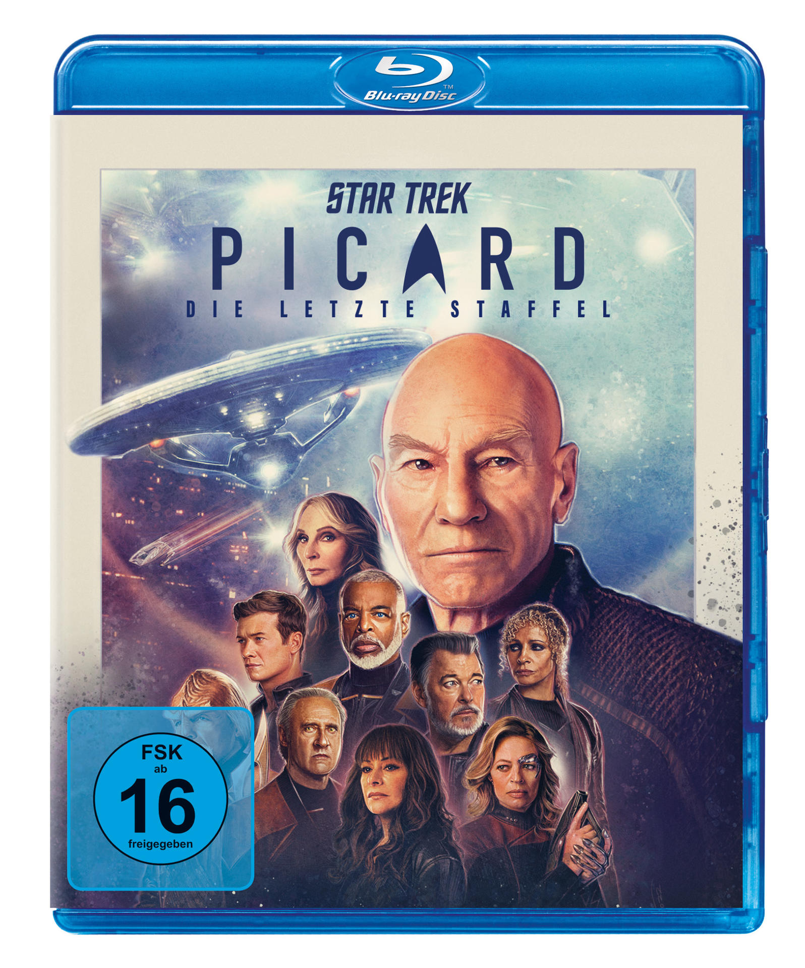 Blu-ray-Disc-Cover von Star Trek Picard, mit Fotos der Besetzung, einem Raumschiff und schwarzem Hintergrund.