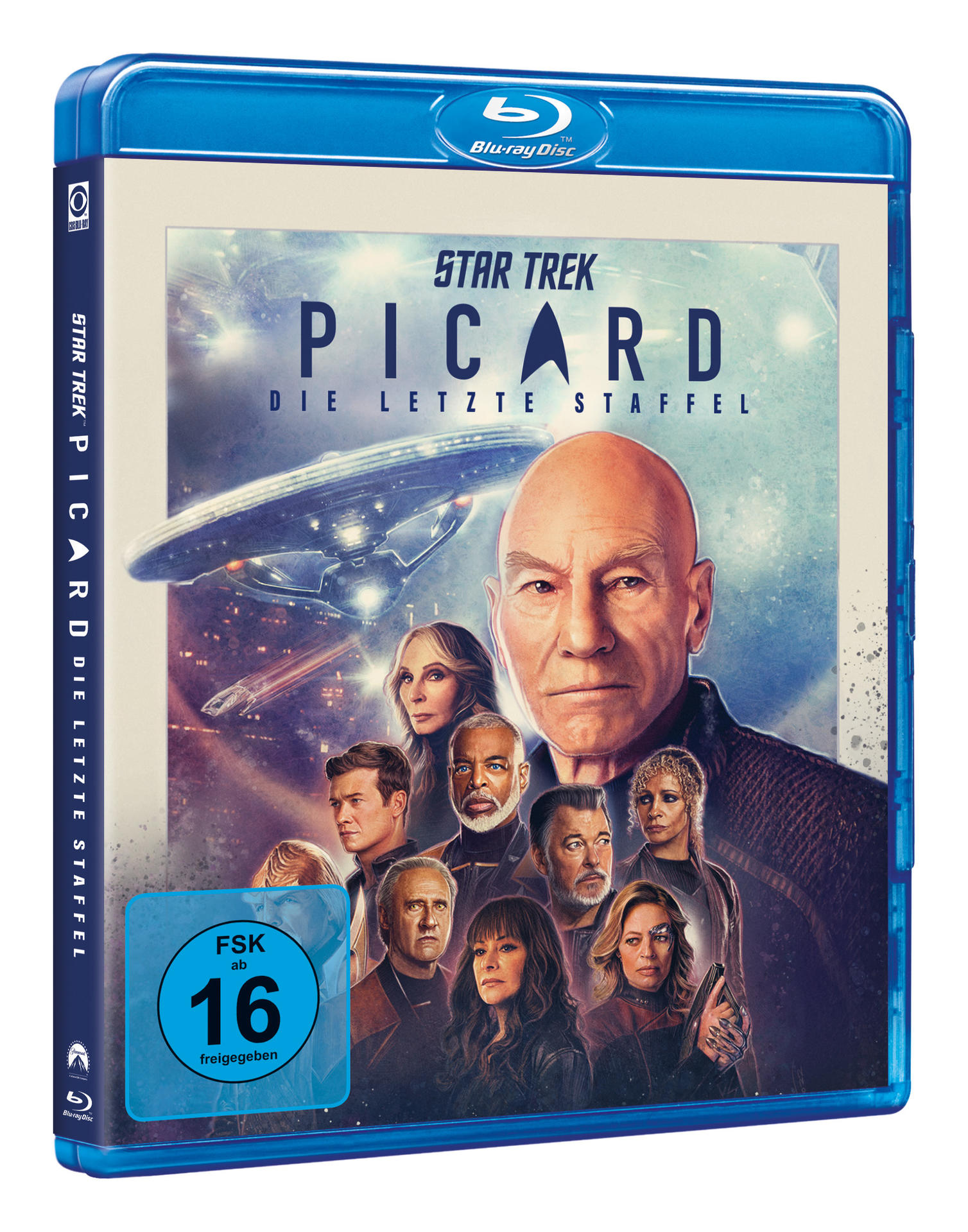 Blu-ray-Disc von Star Trek: Picard mit Jean-Luc Picard und anderen Charakteren.