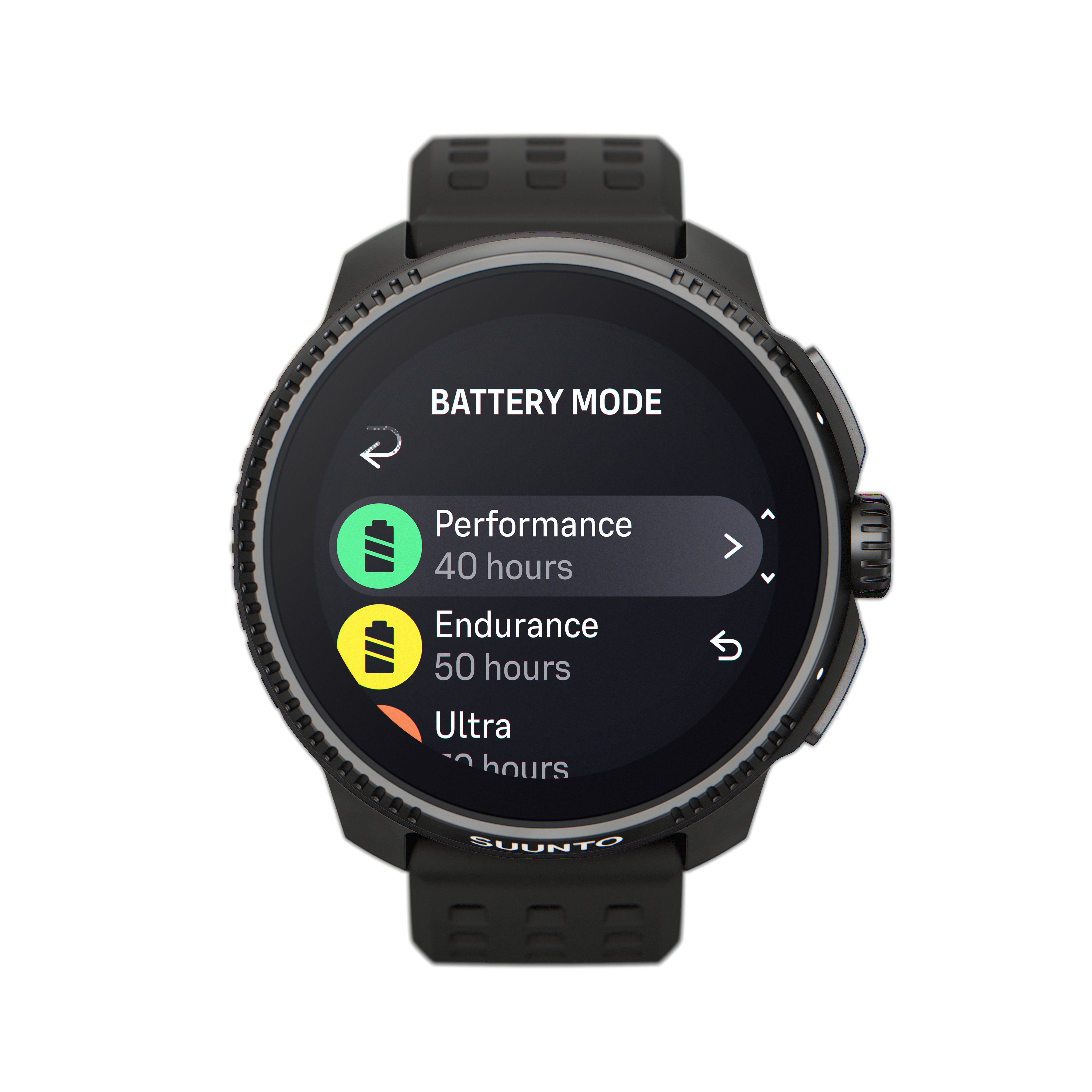 Schwarze Suunto Smartwatch. Anzeige zeigt Batteriemodi: Performance, Endurance, Ultra.