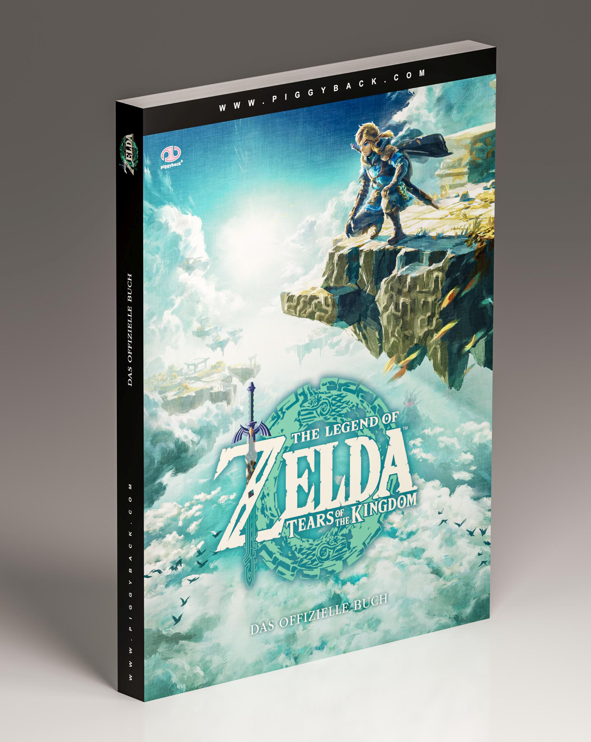 Ein Buchcover für 'The Legend of Zelda: Tears of the Kingdom' auf einer reflektierenden Oberfläche.