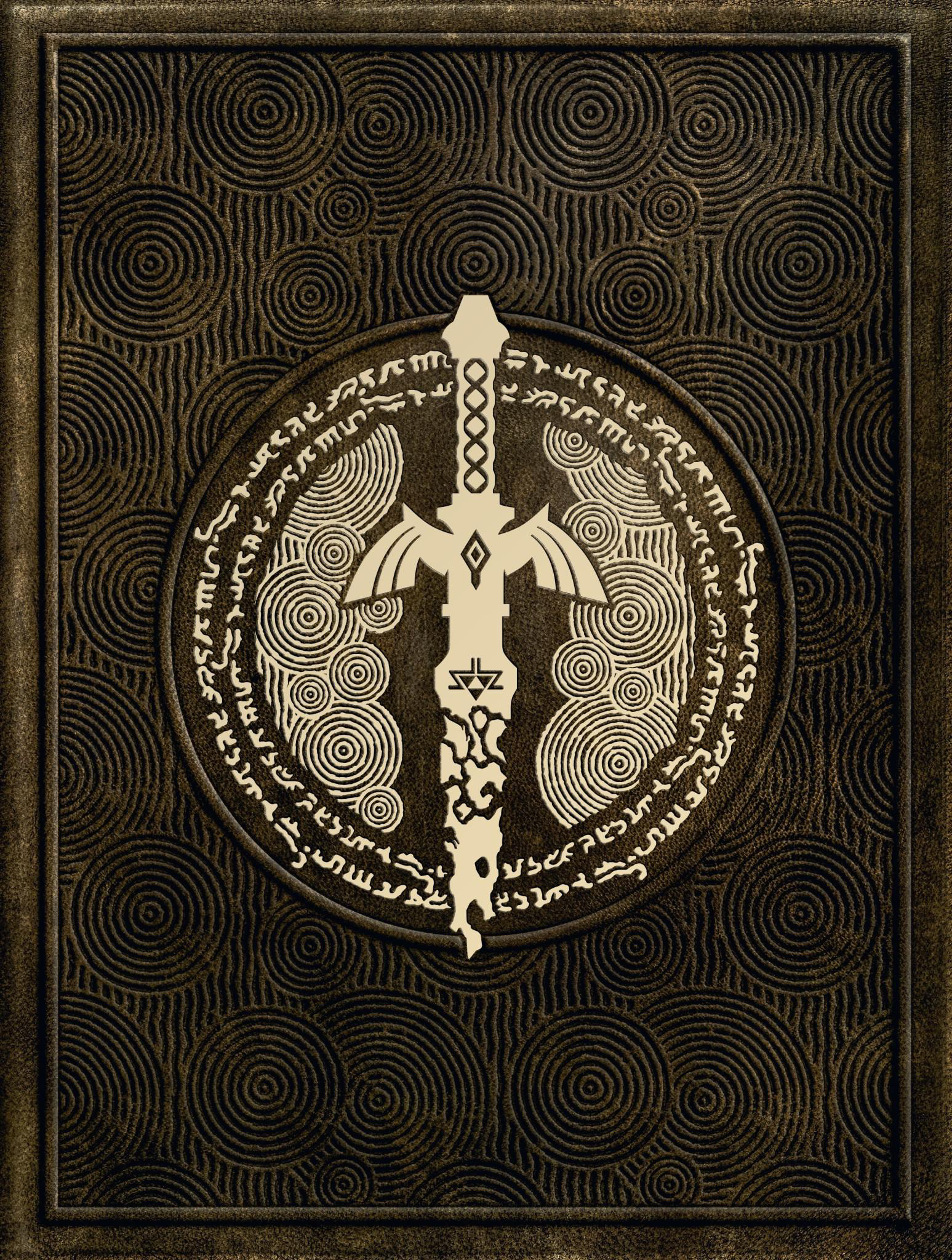 Ein brauner Buchumschlag mit zentralem Kreisdesign und Text. Es ist ein Zelda-Themen-Design.