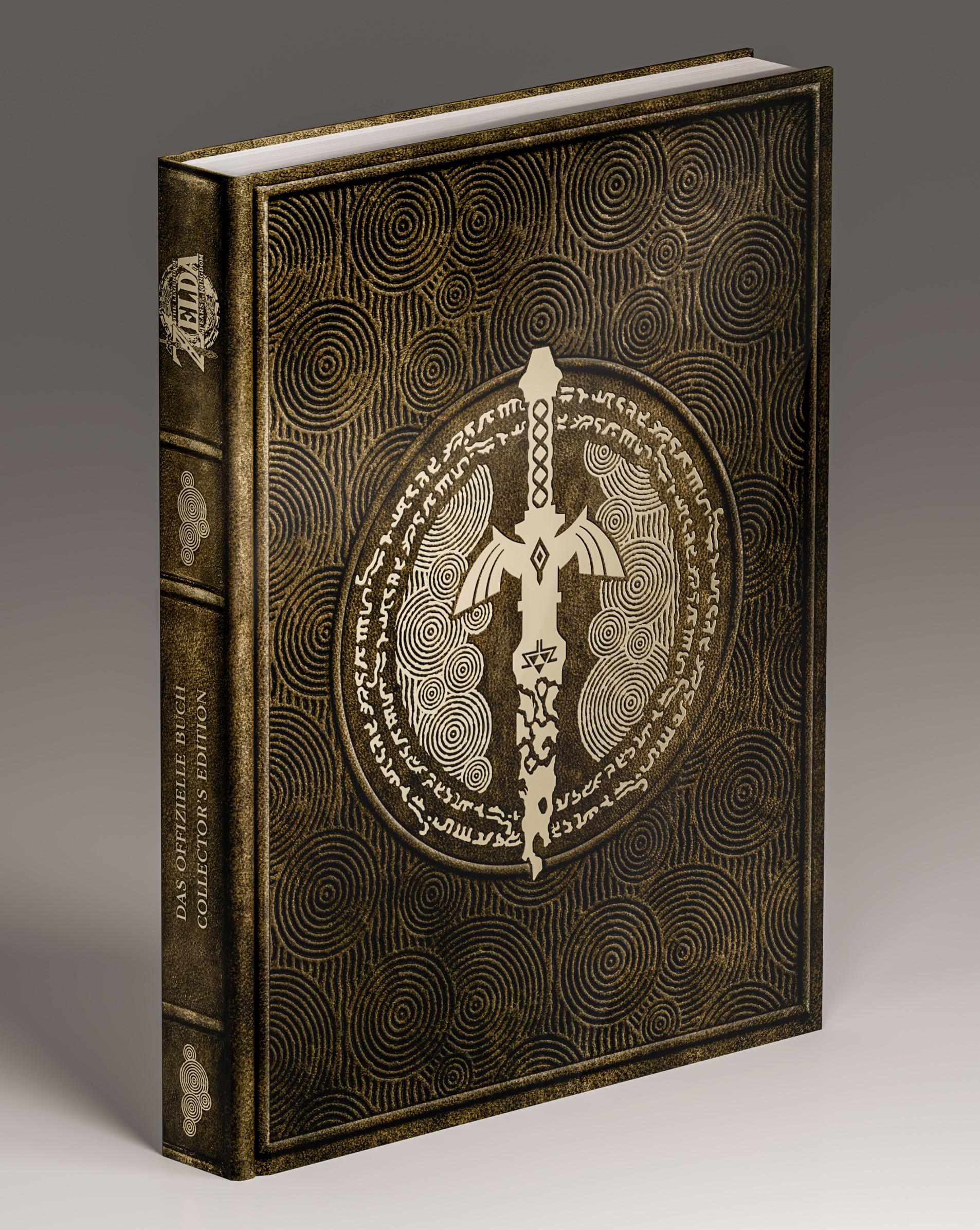 Geschlossenes Buch mit geprägtem Design. Gold und Braun mit einem Emblem eines Schwertes und Symbolen.
