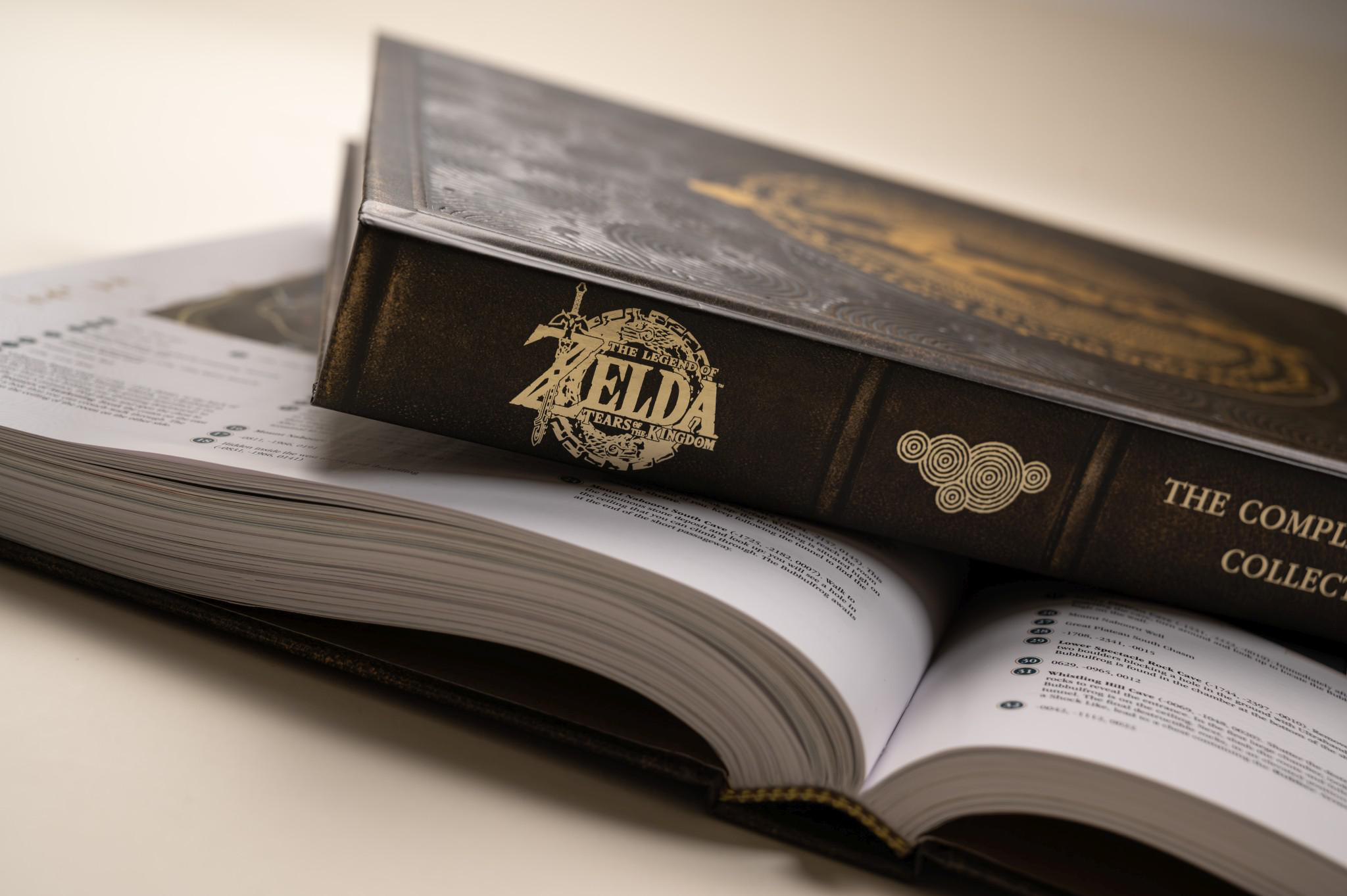Zwei Bücher. Eines offen, Text anzeigend. Das andere geschlossen, mit einem goldenen Zelda-Logo.