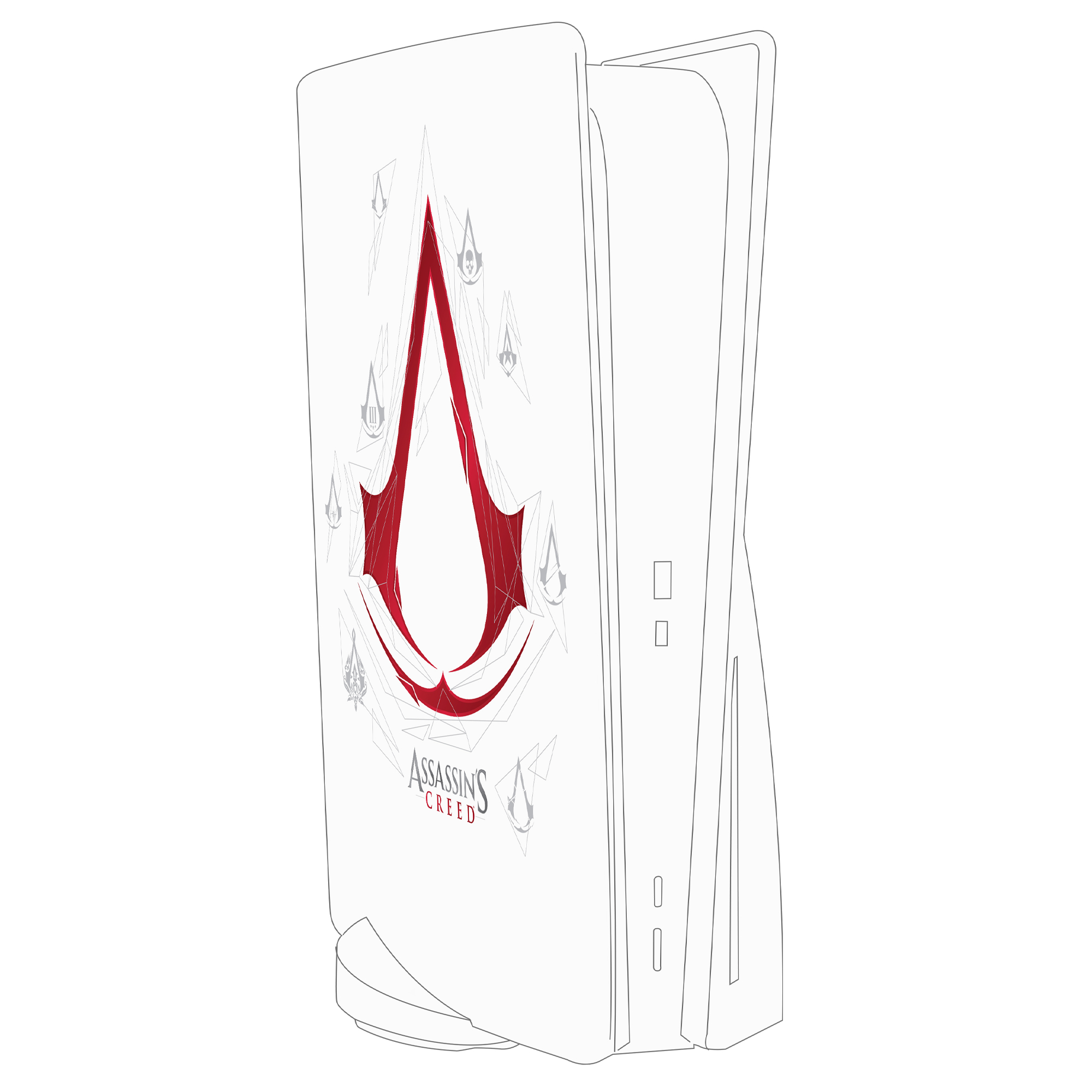 Eine weiße PS5-Konsole mit einem roten Assassin's Creed-Logo.